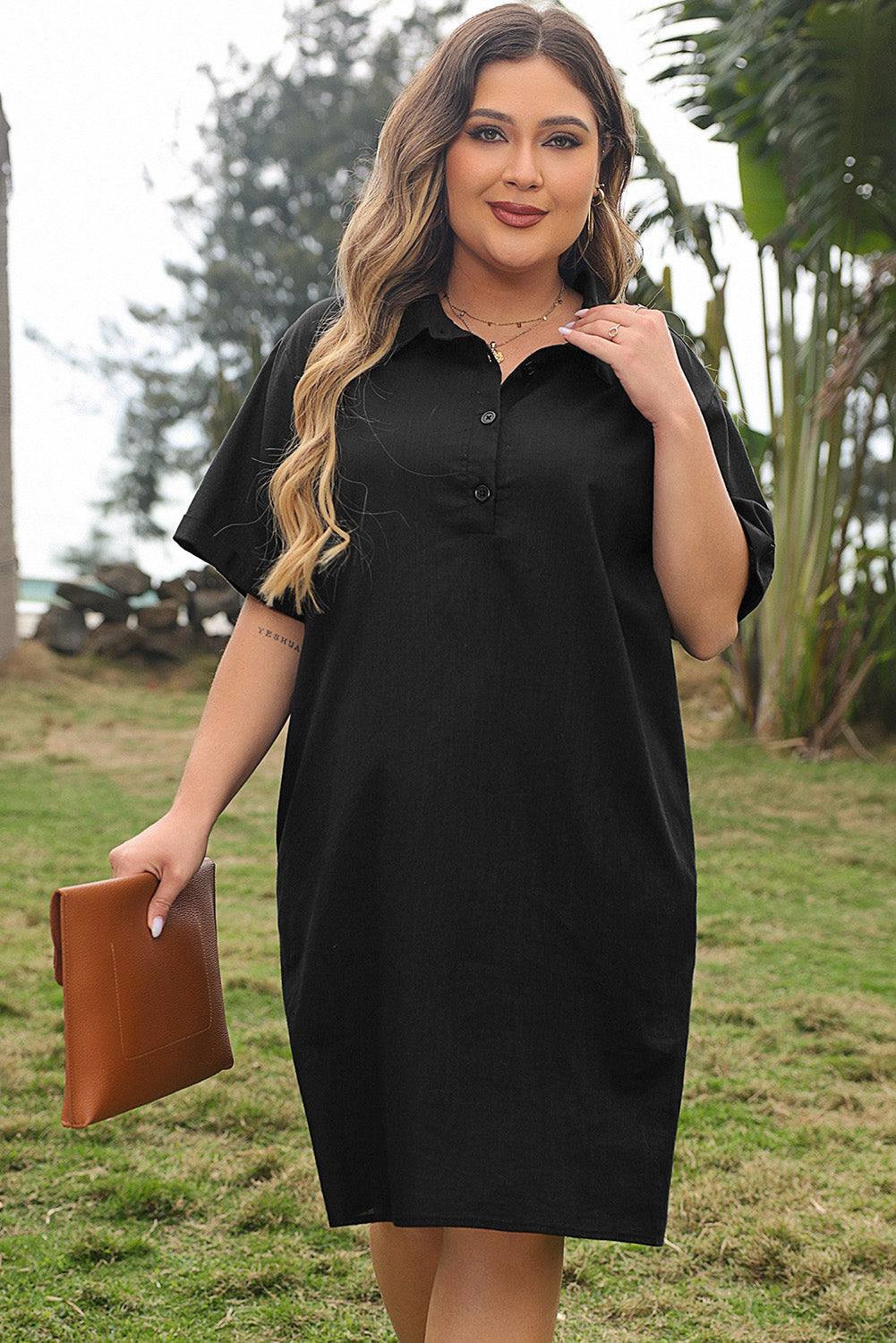 Black Plus Size Shirt Collar Buttoned Short Sleeve Shift Dress-TOPS / DRESSES-[Adult]-[Female]-2022 Online Blue Zone Planet