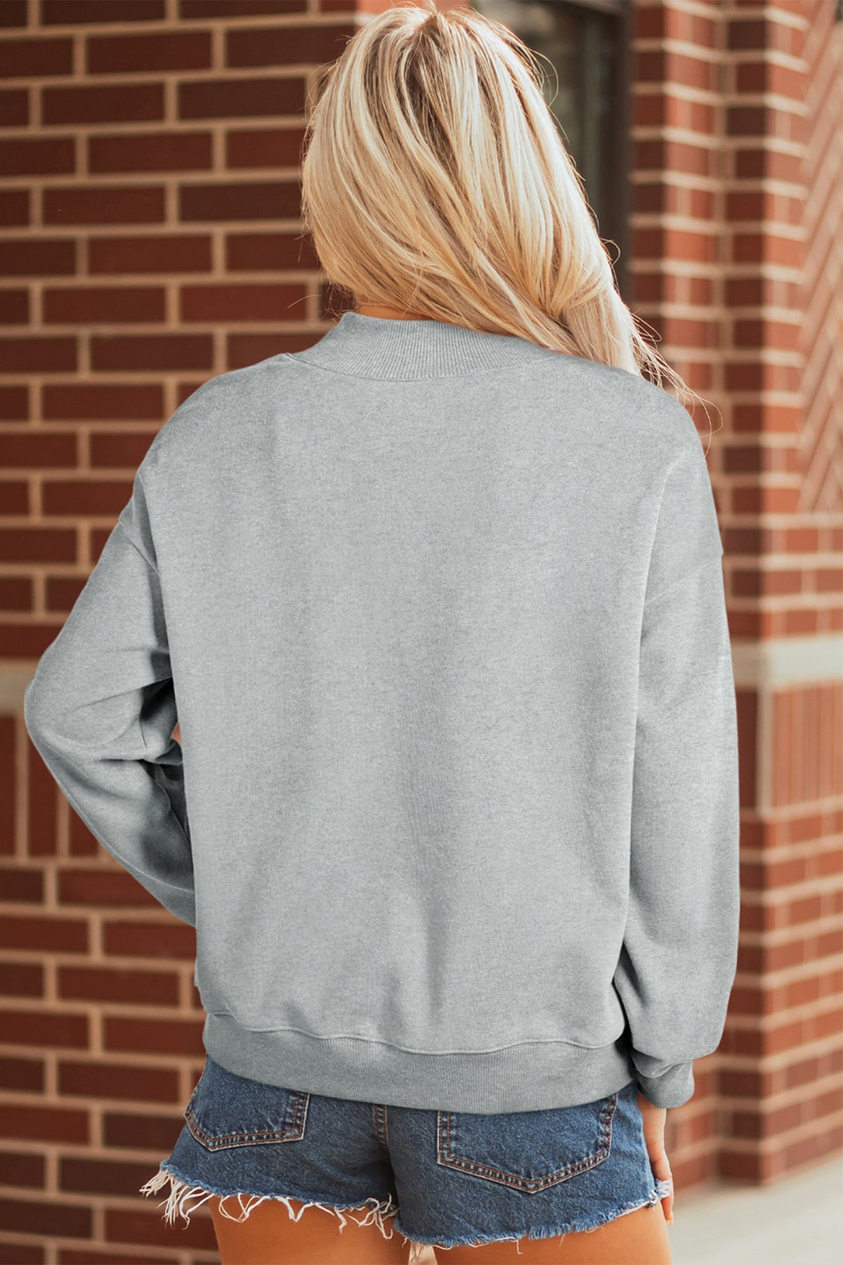 Gray hello fall Embroidered Pumpkin Detail Mock Neck Sweatshirt-Graphic/Graphic Sweatshirts-[Adult]-[Female]-2022 Online Blue Zone Planet