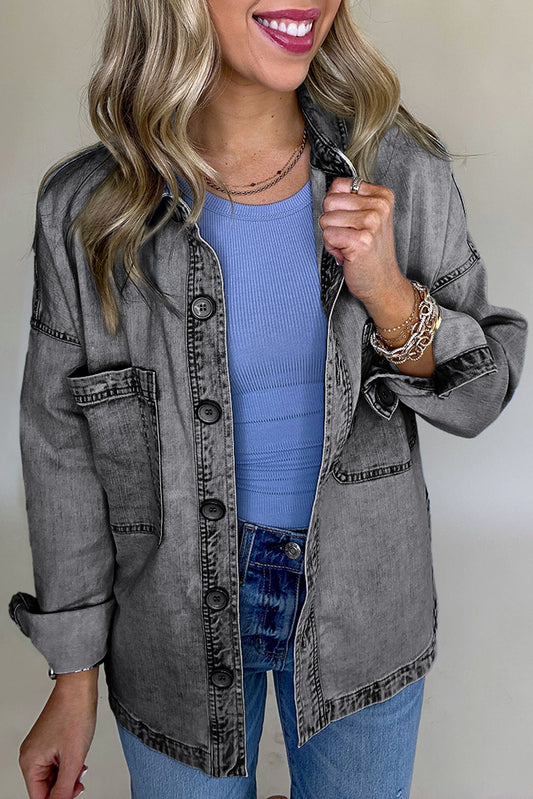 Medium Grey Mineral Wash Patched Pocket Split Denim Jacket-Outerwear/Denim jackets-[Adult]-[Female]-Medium Grey-S-2022 Online Blue Zone Planet