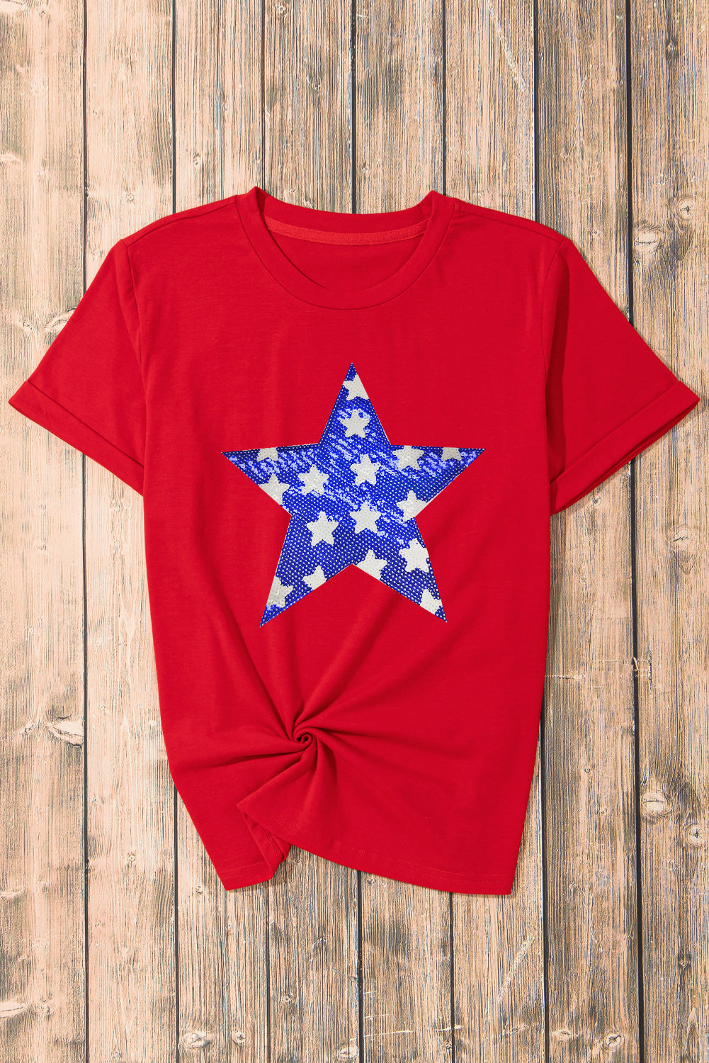 Red Sequin Star Graphic Crewneck T Shirt-Graphic/Graphic Tees-[Adult]-[Female]-2022 Online Blue Zone Planet