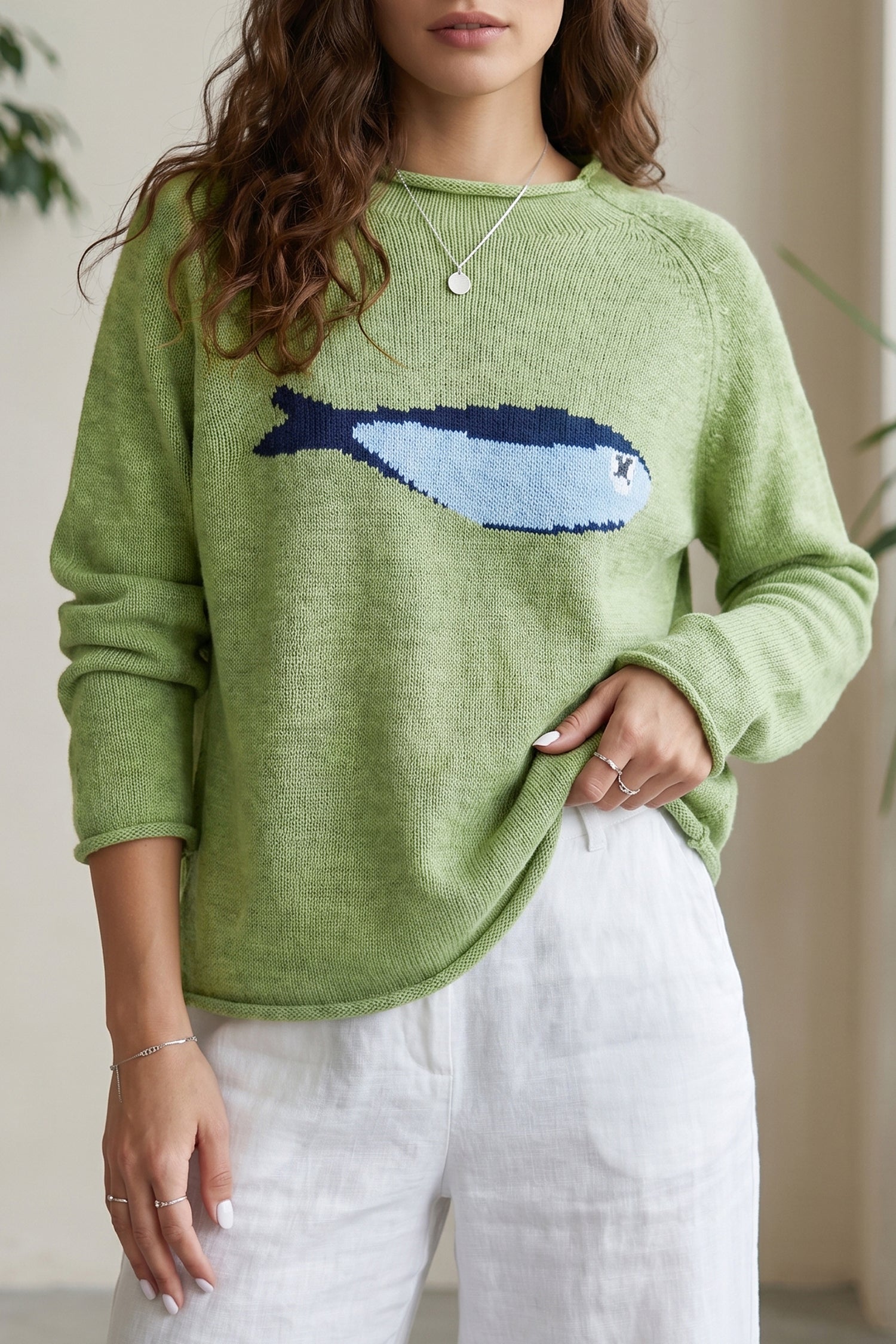 Meadow Mist Green Unique Fish Knit Oversized Round Neck Sweater-Sweaters & Cardigans/Sweaters-[Adult]-[Female]-2022 Online Blue Zone Planet