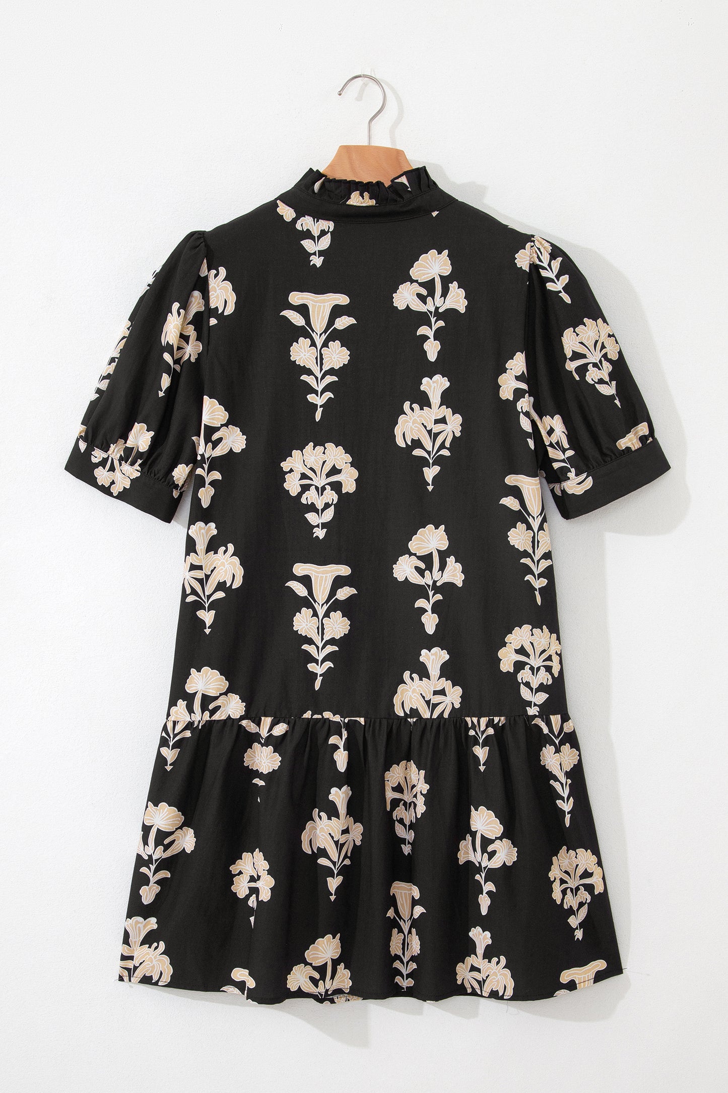Black Frilled V Neck Puff Short Sleeve Floral Mini Dress-TOPS / DRESSES-[Adult]-[Female]-2022 Online Blue Zone Planet