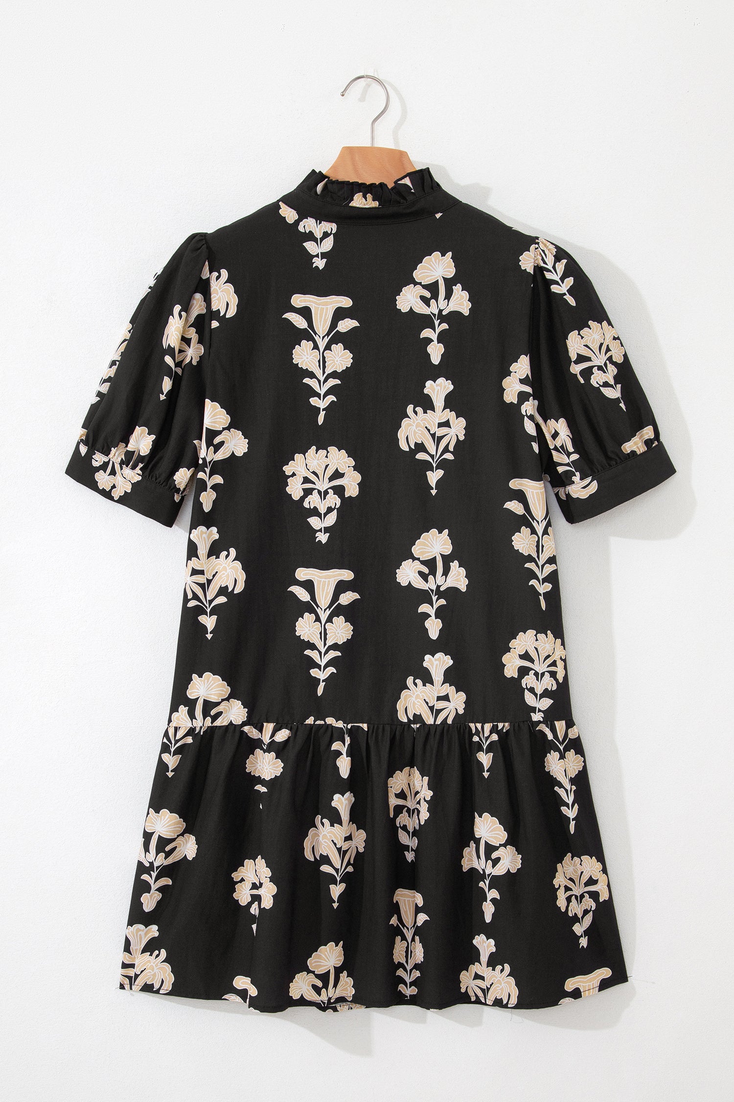 Black Frilled V Neck Puff Short Sleeve Floral Mini Dress-TOPS / DRESSES-[Adult]-[Female]-2022 Online Blue Zone Planet