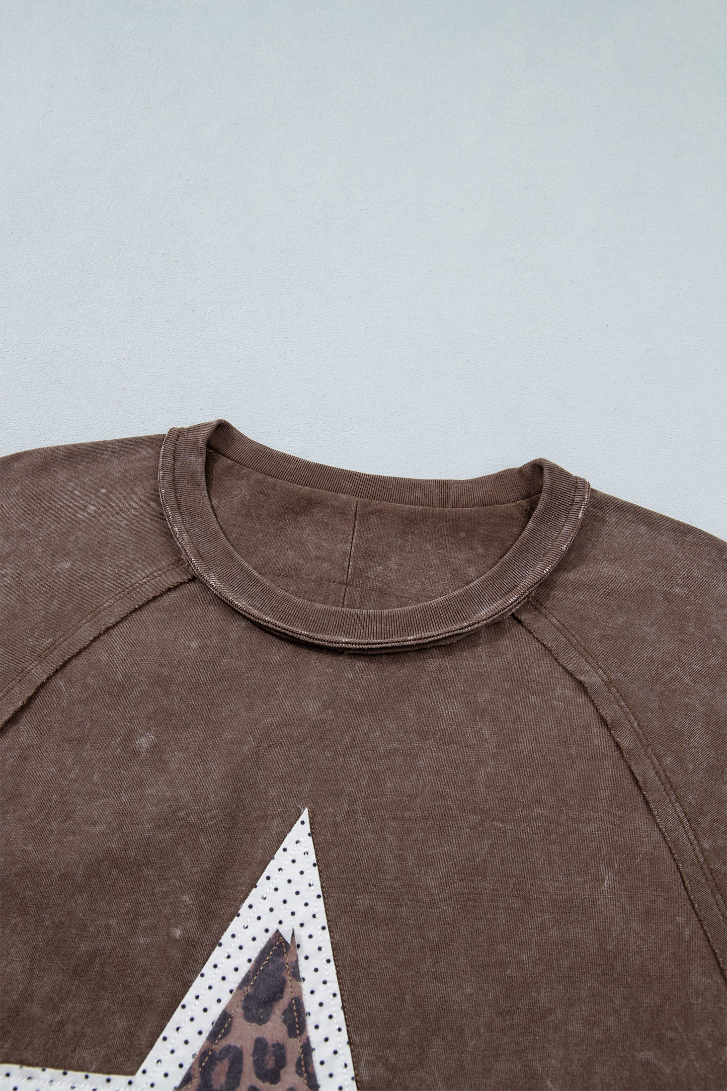 Coffee Mineral Wash Exposed Seam Leopard Star Patched T Shirt-Tops/Tops & Tees-[Adult]-[Female]-2022 Online Blue Zone Planet