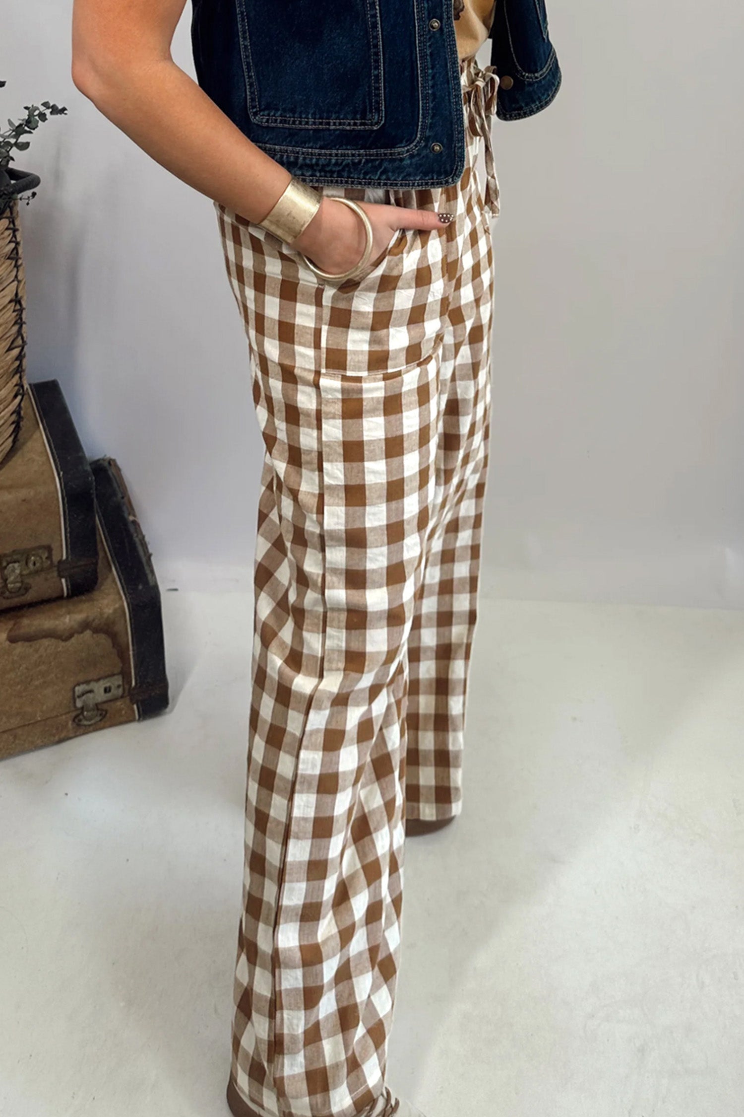 Brown Gingham Plaid Tie Elastic Waist Shift Pants-Bottoms/Pants & Culotte-[Adult]-[Female]-2022 Online Blue Zone Planet