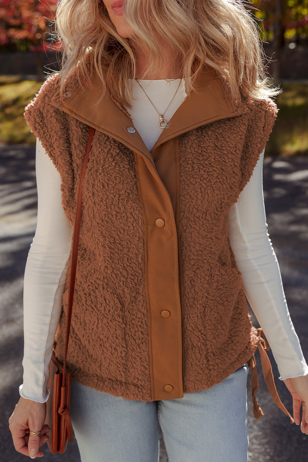 Cinnamon Faux Fur Snap Button Front Knot Side Plush Vest With Pockets-Outerwear/Vests-[Adult]-[Female]-2022 Online Blue Zone Planet