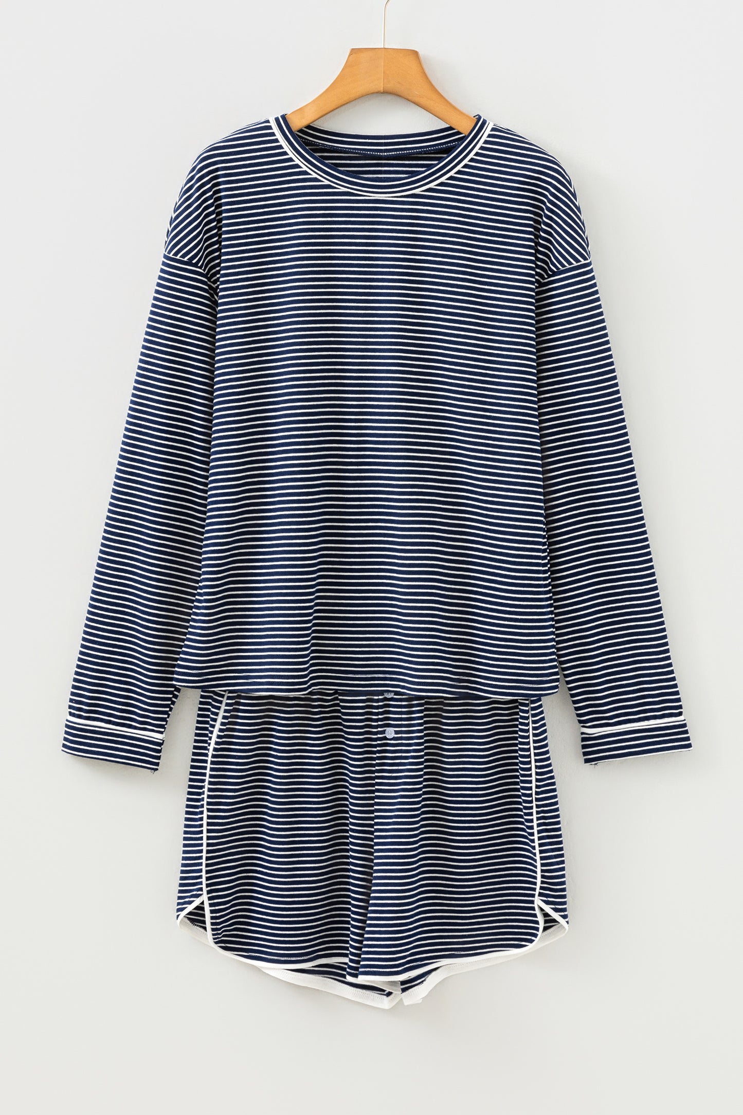 Blue Stripe Drop Shoulder Round Neck Long Sleeve Tee and Buttoned Shorts 2pcs Lounge Set-Loungewear & Sleepwear/Loungewear-[Adult]-[Female]-2022 Online Blue Zone Planet