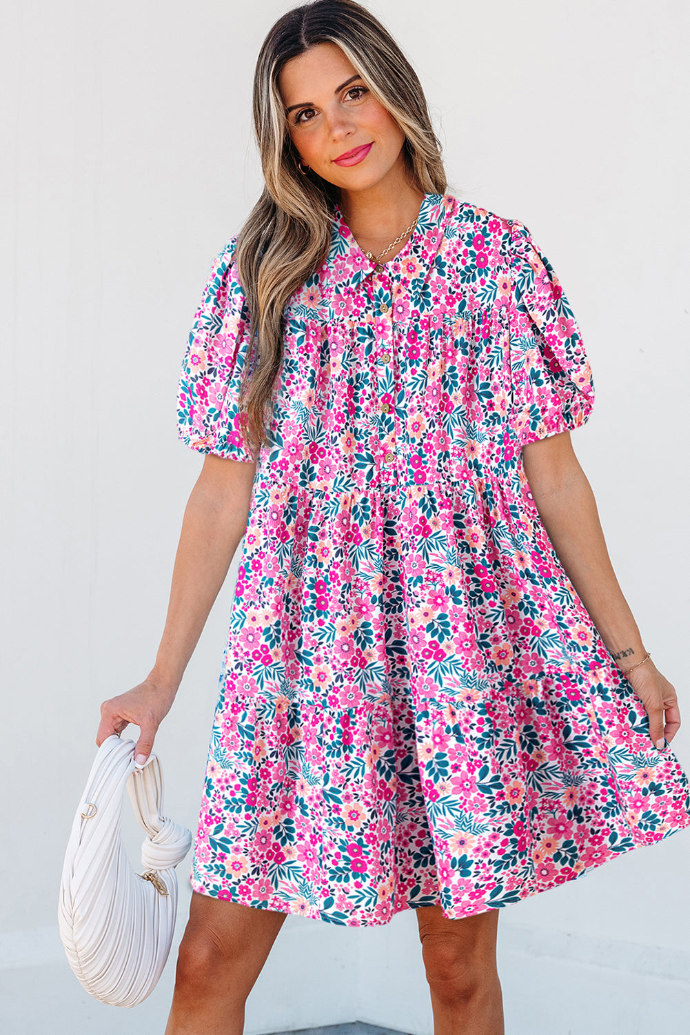 Pink Floral Collared Half Placket Short Sleeve Loose Dress - Sunny Angela Pink / S Pink Floral Collared Half Placket Short Sleeve Loose Dress - Sunny Angela Pink / S