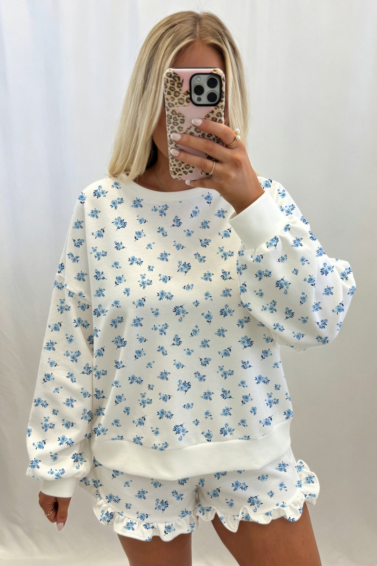 Sky Blue Floral Print Long Sleeve Top Elastic Waist Ruffle Hem Shorts 2pcs Set-Two Piece Sets/Short Sets-[Adult]-[Female]-2022 Online Blue Zone Planet