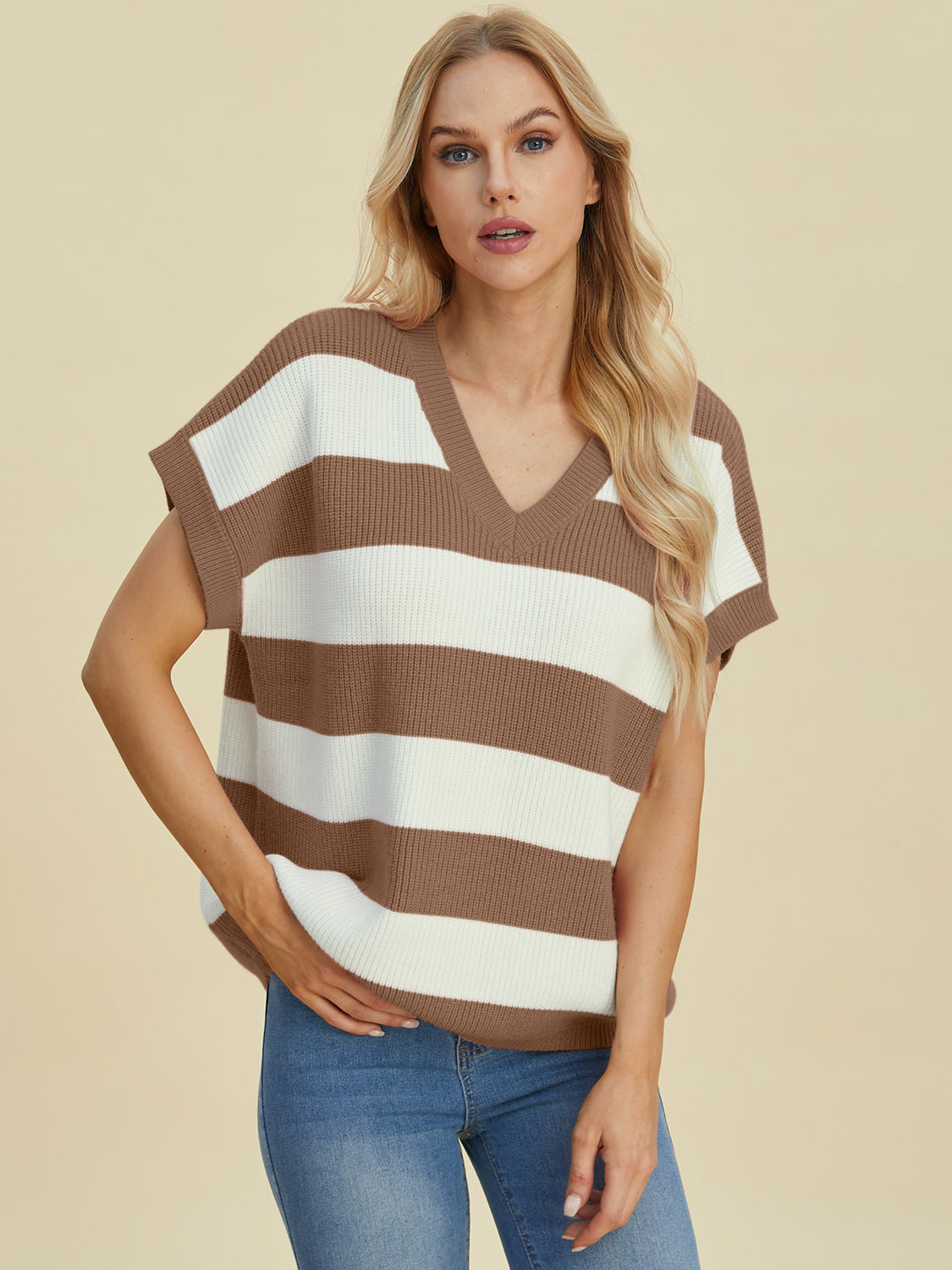 Double Take Full Size Striped V-Neck Short Sleeve Sweater-TOPS / DRESSES-[Adult]-[Female]-2022 Online Blue Zone Planet