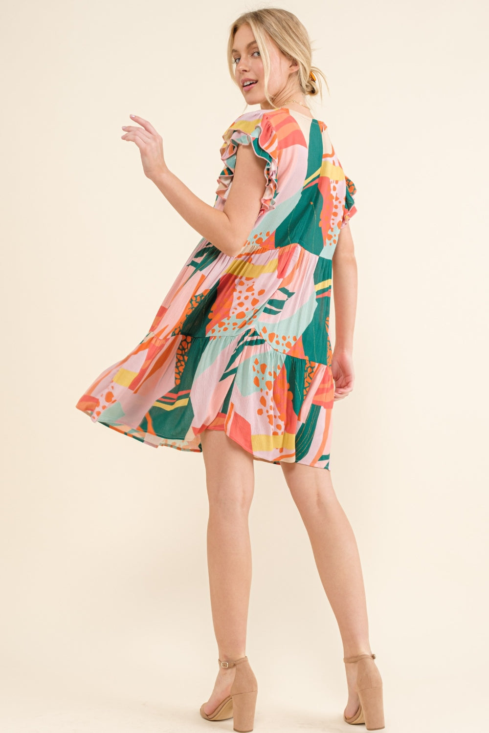 And The Why Printed Double Ruffle Sleeve Dress-TOPS / DRESSES-[Adult]-[Female]-2022 Online Blue Zone Planet