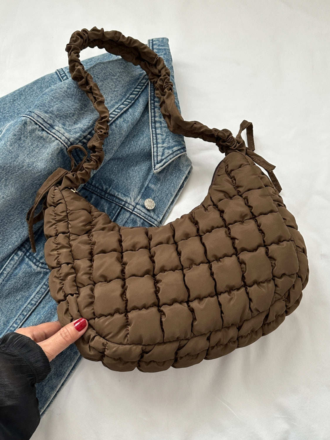 Bubble Texture Ruched Strap Quilted Shoulder Bag-HANDBAGS-[Adult]-[Female]-Brown-One Size-2022 Online Blue Zone Planet