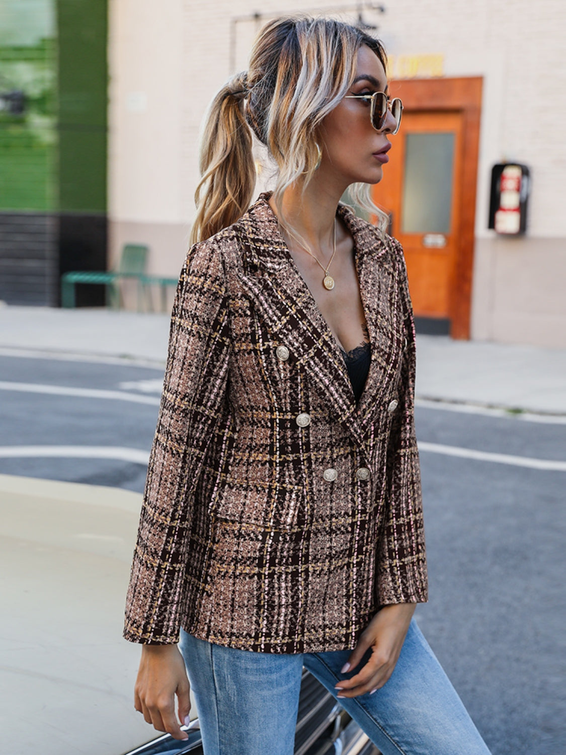 Full Size Plaid Lapel Collar Blazer-TOPS / DRESSES-[Adult]-[Female]-2022 Online Blue Zone Planet