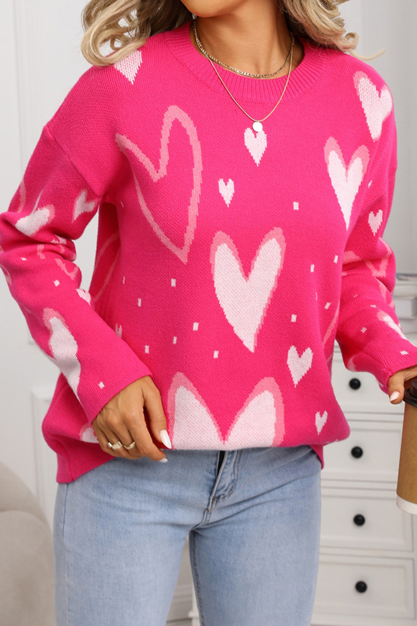 Rose Red Splendid Heart Print Valentines Day Sweater-TOPS / DRESSES-[Adult]-[Female]-2022 Online Blue Zone Planet