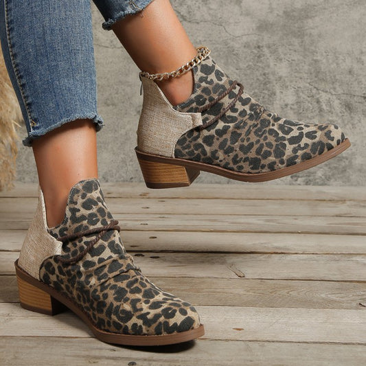 Contrast Canvas Low Heel Boots-SHOES-[Adult]-[Female]-Leopard-35(US4)-2022 Online Blue Zone Planet