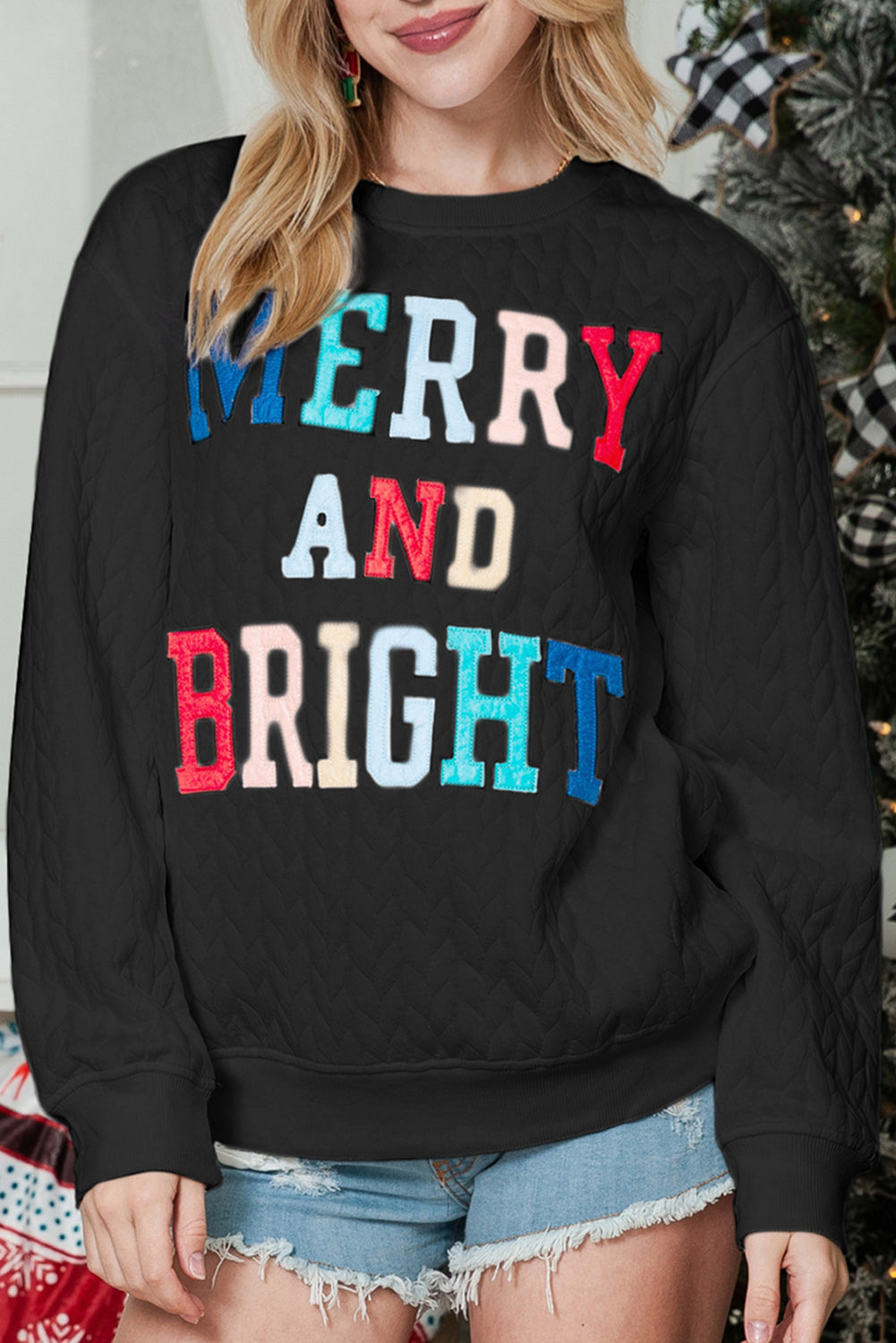 White Merry and Bright Quilted Sweatshirt-Sweatshirts & Hoodies-[Adult]-[Female]-2022 Online Blue Zone Planet