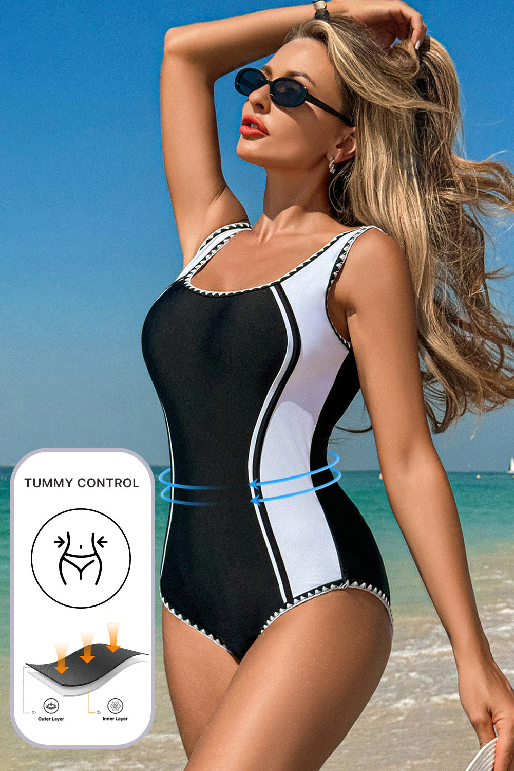 Black Color Block Ric Rac Trim U Neck One Piece Swimsuit-Swimwear/One Piece Swimsuit-[Adult]-[Female]-2022 Online Blue Zone Planet