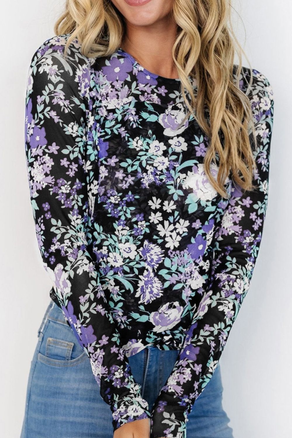 Blue Zone Planet | Floral Round Neck Long Sleeve T-Shirt-TOPS / DRESSES-[Adult]-[Female]-2022 Online Blue Zone Planet