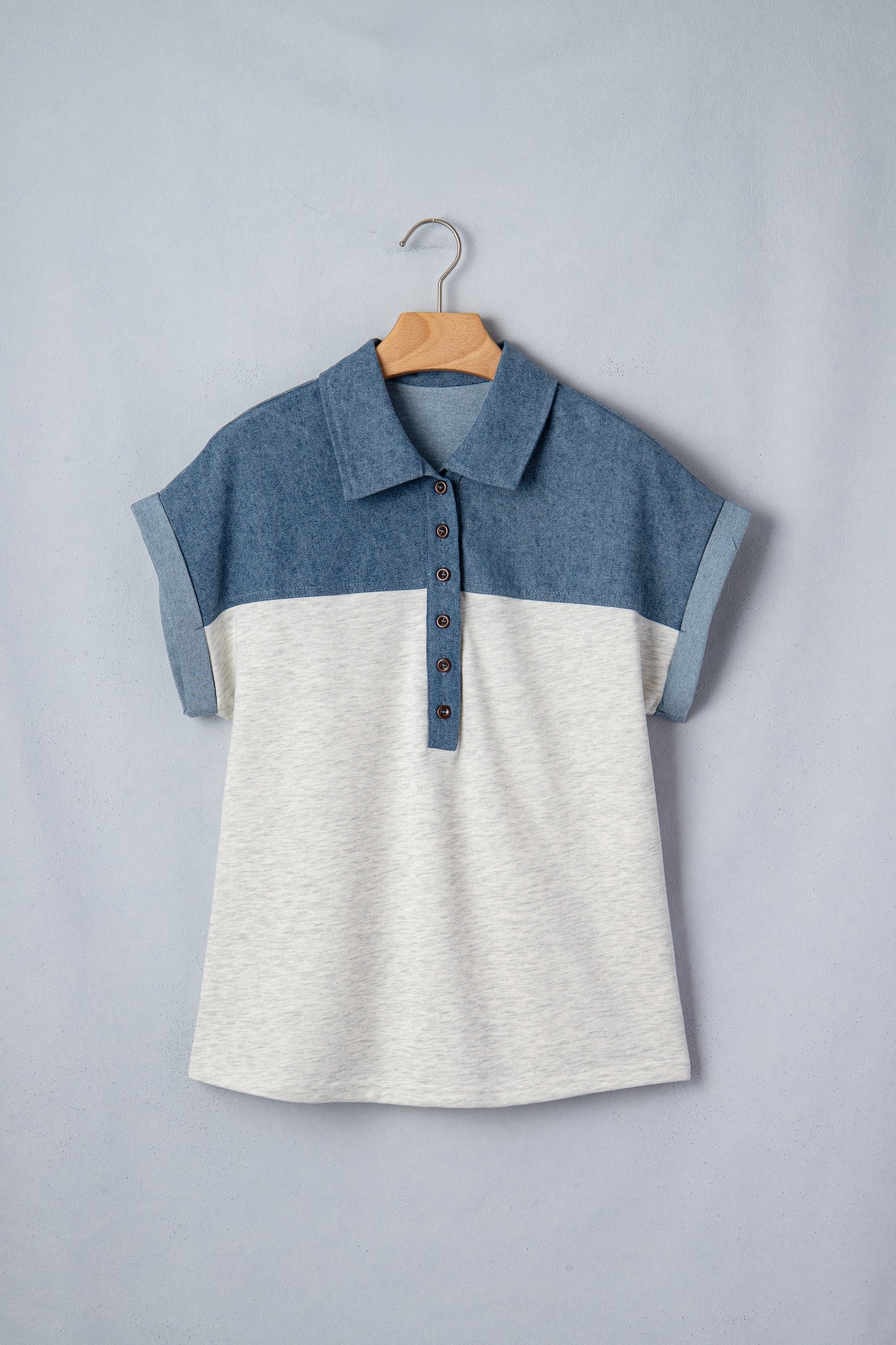 Light Grey Color Block Denim Patchwork Button Polo Collar Short Sleeve Top-Tops/Blouses & Shirts-[Adult]-[Female]-2022 Online Blue Zone Planet