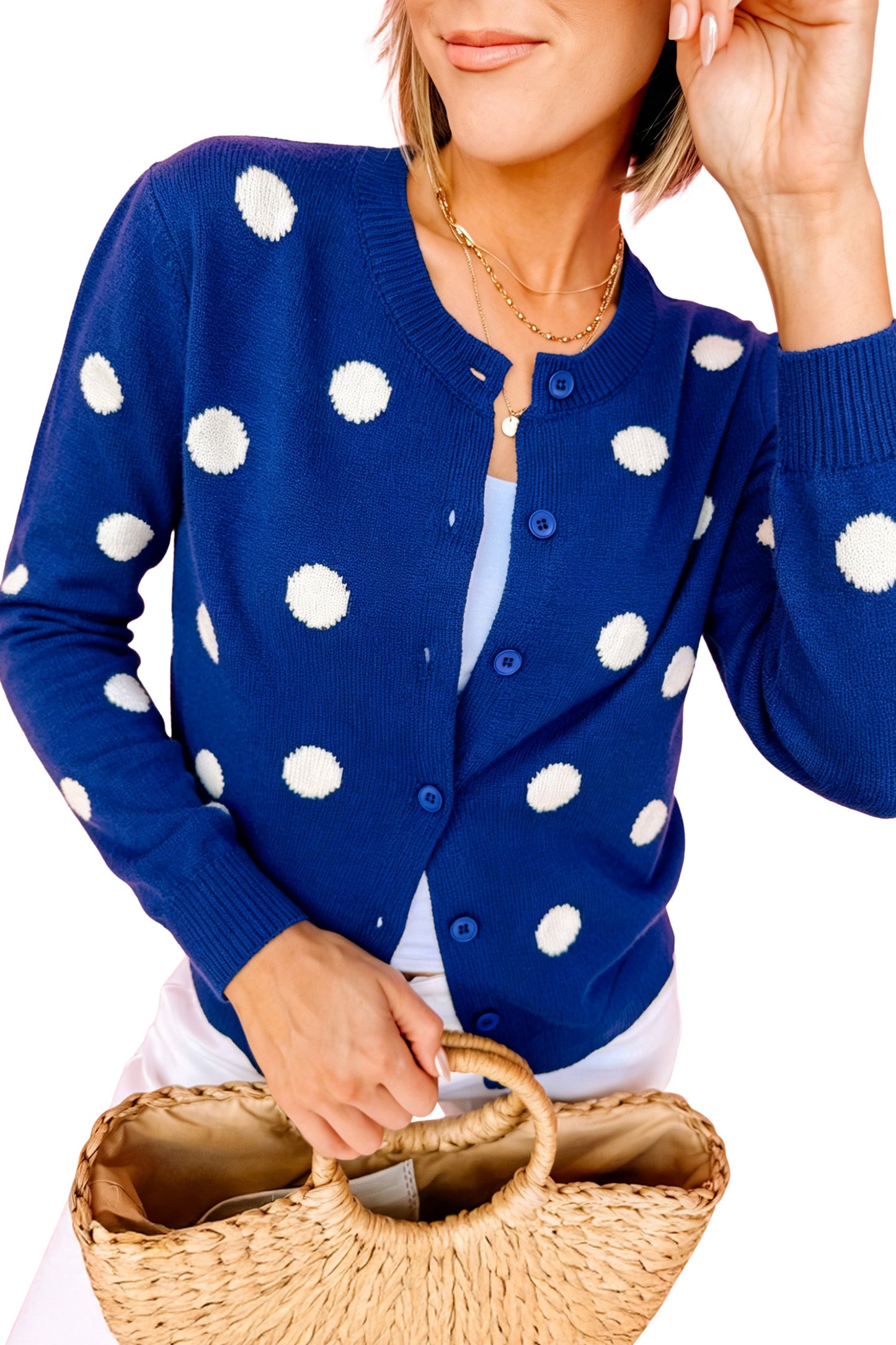 Bluing Casual Polka Dot Button Front Long Sleeve Sweater Cardigan