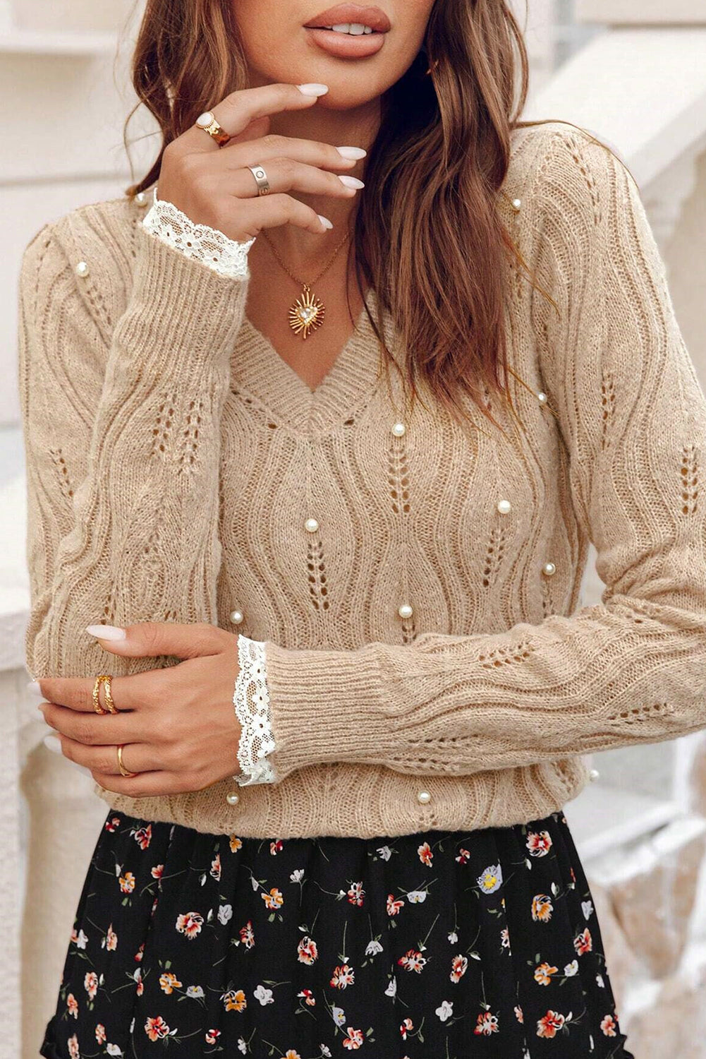 Smoke Gray Pearl Beaded Pointelle Knit V Neck Lace Patchwork Sleeve Sweater-TOPS / DRESSES-[Adult]-[Female]-Smoke Gray-S-2022 Online Blue Zone Planet