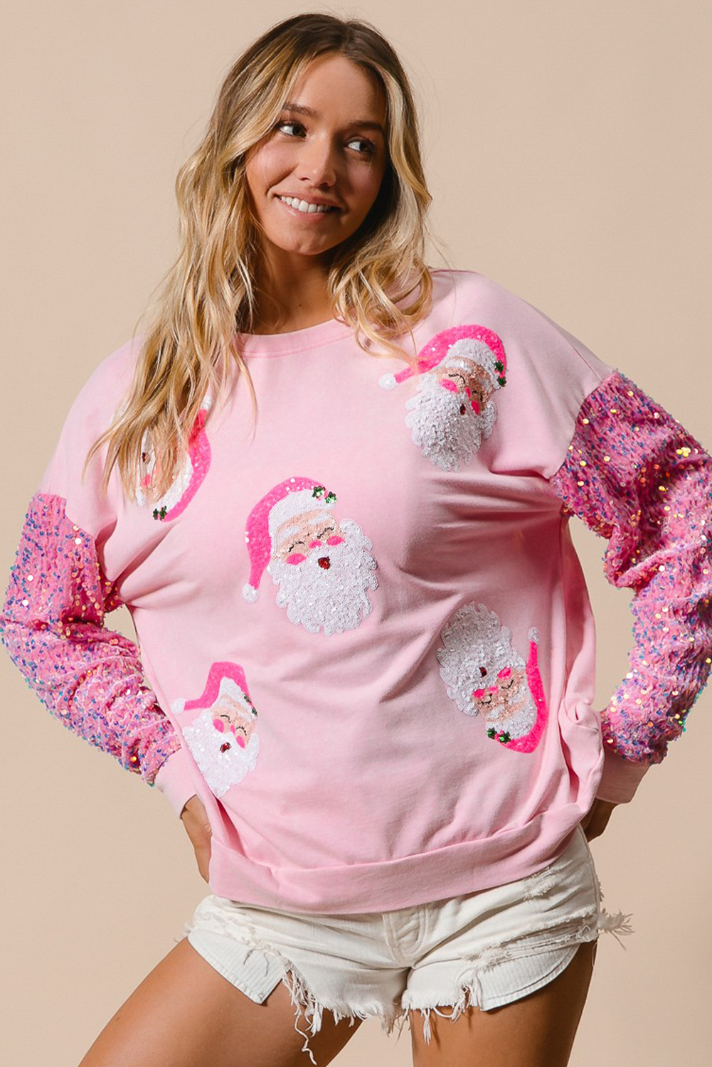 Blue Zone Planet | Pink Sequined Santa Claus Long Sleeve Christmas Sweatshirt-Sweatshirts & Hoodies-[Adult]-[Female]-2022 Online Blue Zone Planet