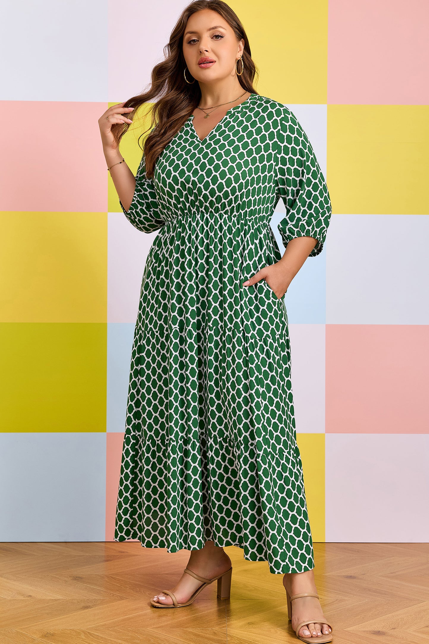 Green Plus Size Geometric Print Pocketed Ruffle Hem Casual Dress-Plus Size/Plus Size Dresses/Plus Size Maxi Dresses-[Adult]-[Female]-2022 Online Blue Zone Planet