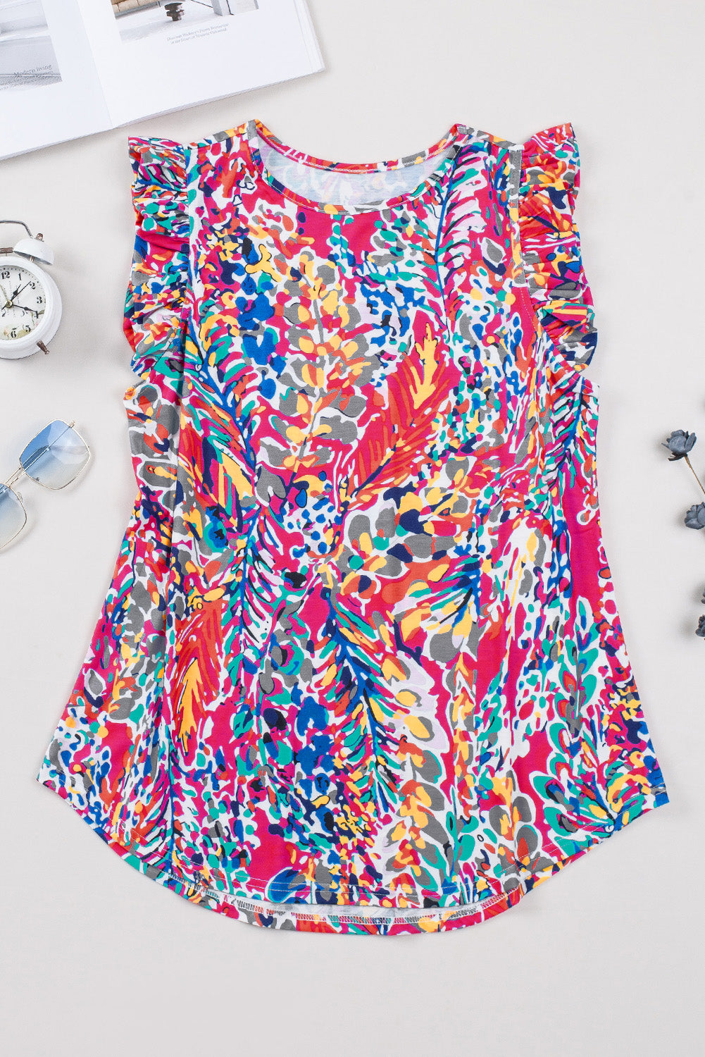 Rose Floral Print Tank Top with Ruffles-Tops/Tank Tops-[Adult]-[Female]-2022 Online Blue Zone Planet