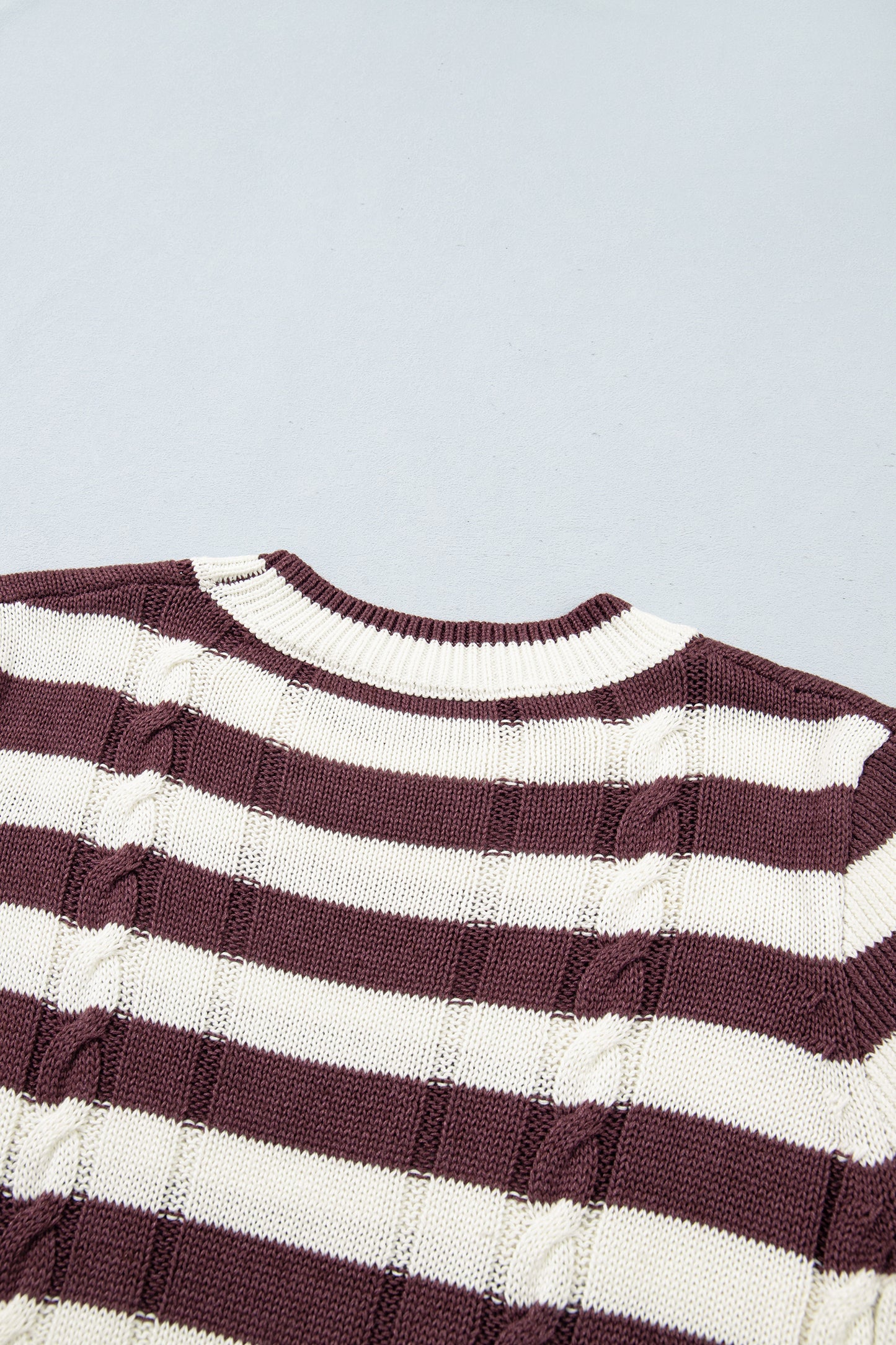 Brown Stripe Ribbed Knit Cable Detail Short Sleeve Sweater-TOPS / DRESSES-[Adult]-[Female]-2022 Online Blue Zone Planet