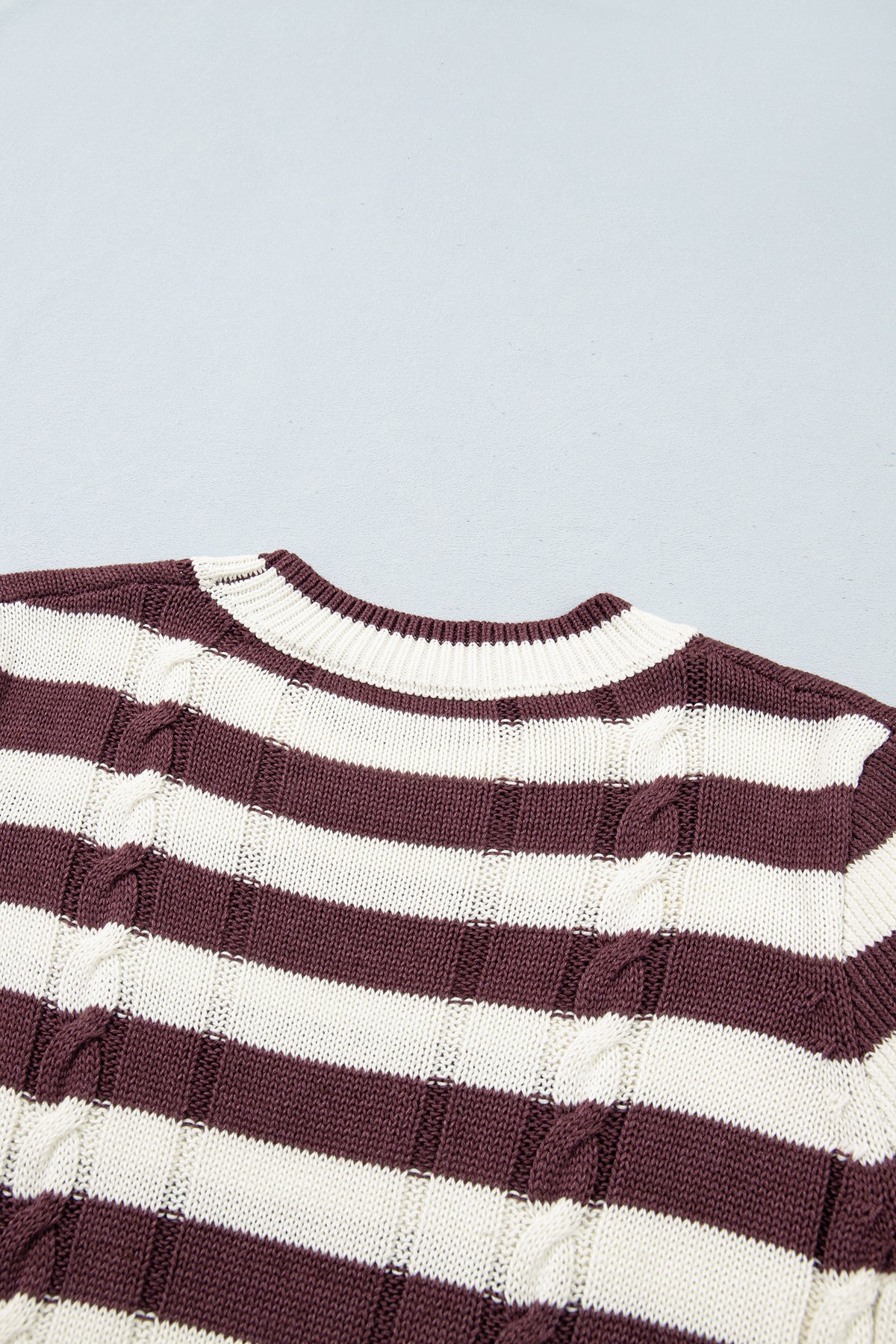 Brown Stripe Ribbed Knit Cable Detail Short Sleeve Sweater-TOPS / DRESSES-[Adult]-[Female]-2022 Online Blue Zone Planet