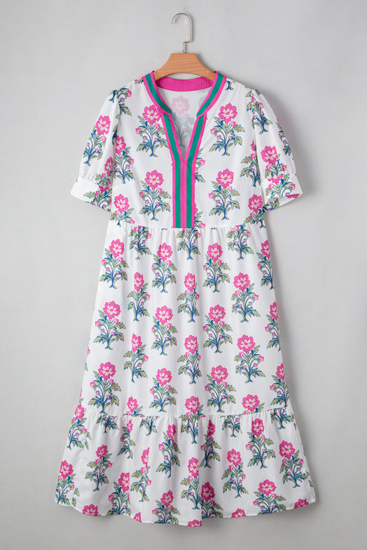 White Allover Print Contrast Split Neckline Short Puff Sleeve Curvy Dress-Plus Size/Plus Size Dresses/Plus Size Maxi Dresses-[Adult]-[Female]-2022 Online Blue Zone Planet