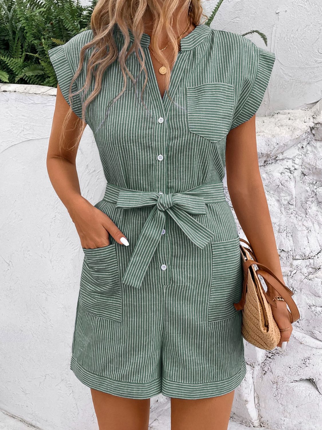 Perfee Striped Notched Tie Waist Romper-TOPS / DRESSES-[Adult]-[Female]-2022 Online Blue Zone Planet