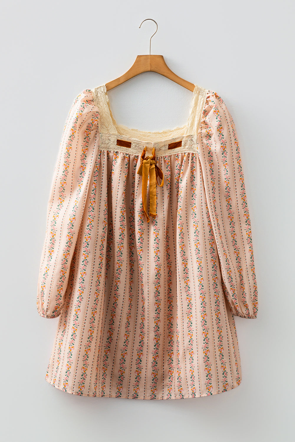 Khaki Floral Print Contrast Velvet Bow Lace Patchwork Long Sleeve Loose Mini Dress-TOPS / DRESSES-[Adult]-[Female]-2022 Online Blue Zone Planet