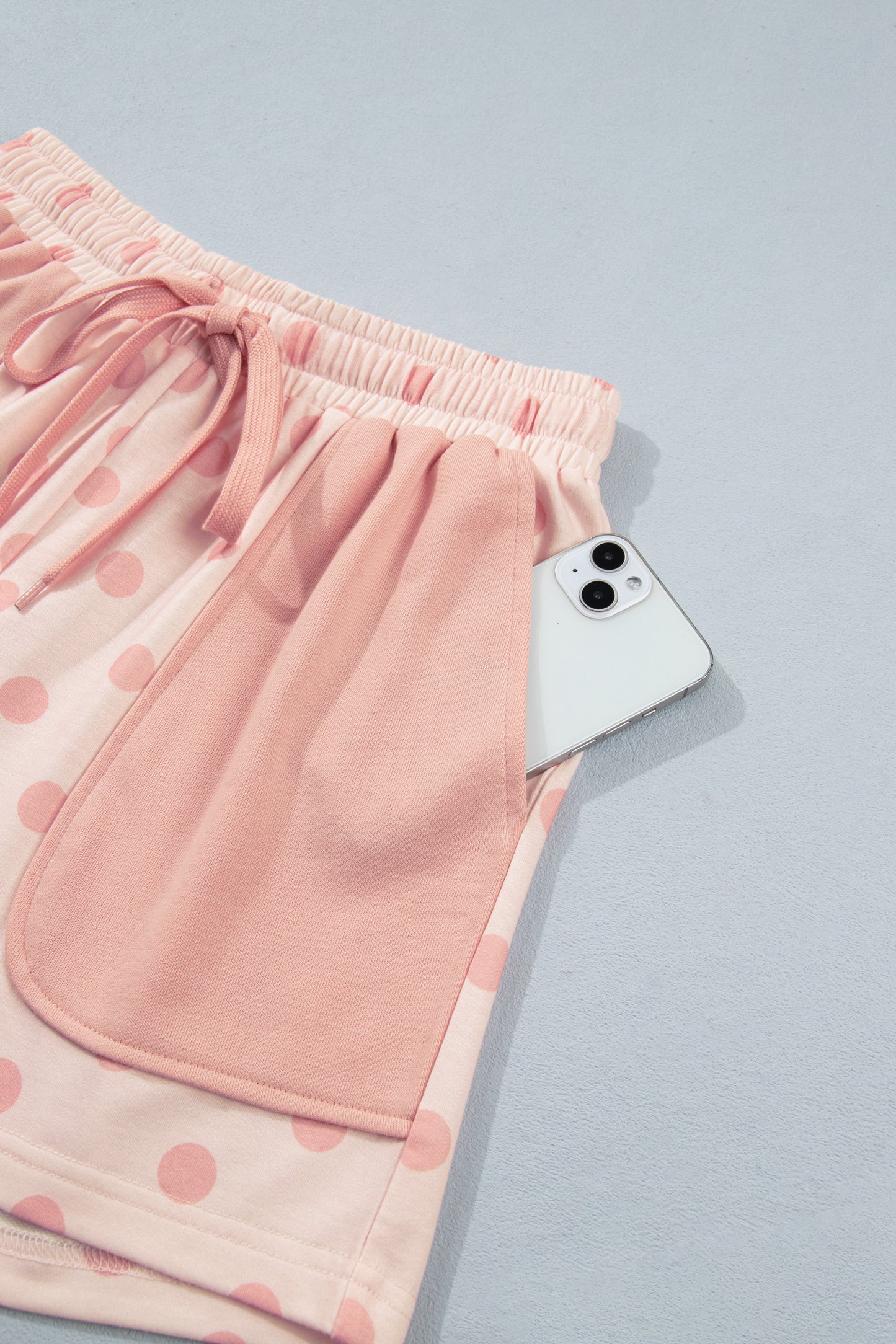 Pink Polka Dot Drop Shoulder Polo Loose Pullover Patch Pocket Casual Shorts Set-Two Piece Sets/Short Sets-[Adult]-[Female]-2022 Online Blue Zone Planet