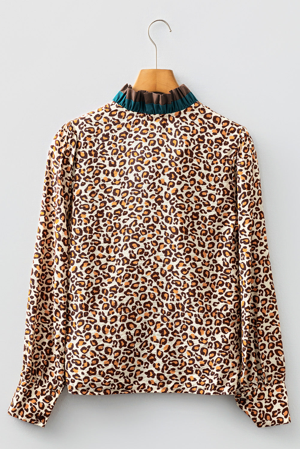 Brown Leopard Print Contrast Frilled Trim Button Down V Neck Shirt-Tops/Blouses & Shirts-[Adult]-[Female]-2022 Online Blue Zone Planet