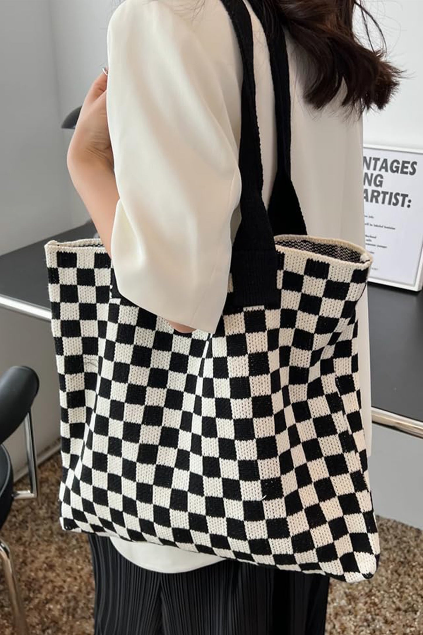 Ginger Checkered Knit Eco-Friendly Tote Bag-Shoes & Bags/Shoulder Bags-[Adult]-[Female]-2022 Online Blue Zone Planet