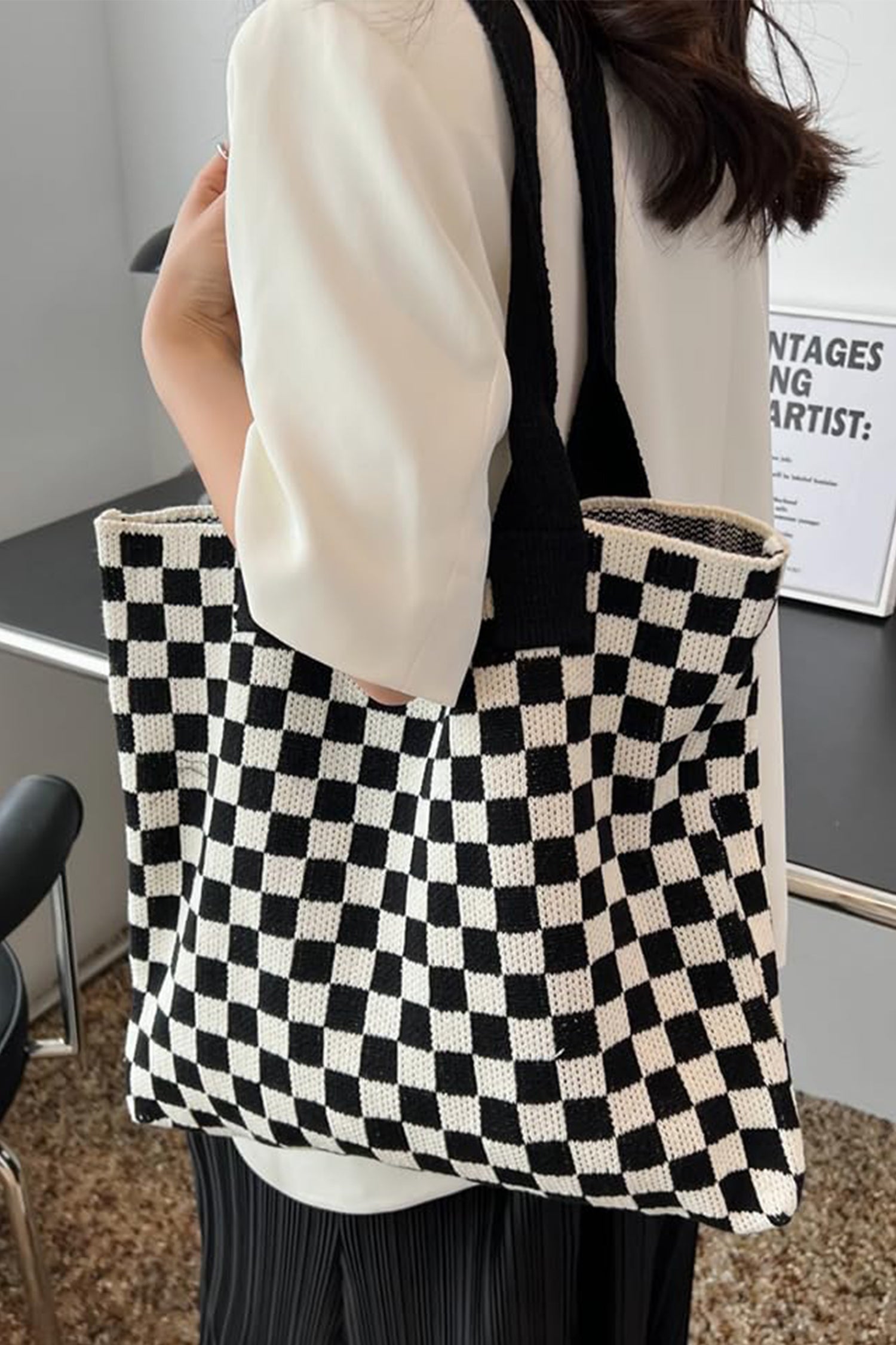 Ginger Checkered Knit Eco-Friendly Tote Bag-Shoes & Bags/Shoulder Bags-[Adult]-[Female]-2022 Online Blue Zone Planet
