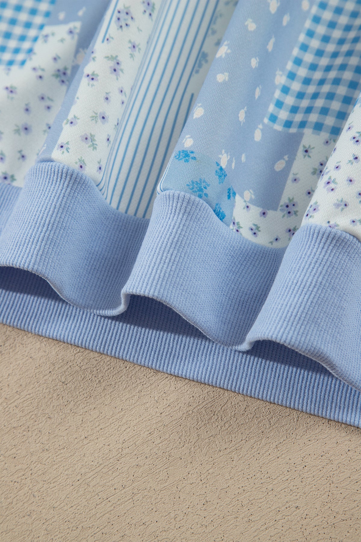 Sky Blue Patchwork Floral Print Drop Shoulder Baggy Pullover Drawstring Shorts Set-Two Piece Sets/Short Sets-[Adult]-[Female]-2022 Online Blue Zone Planet