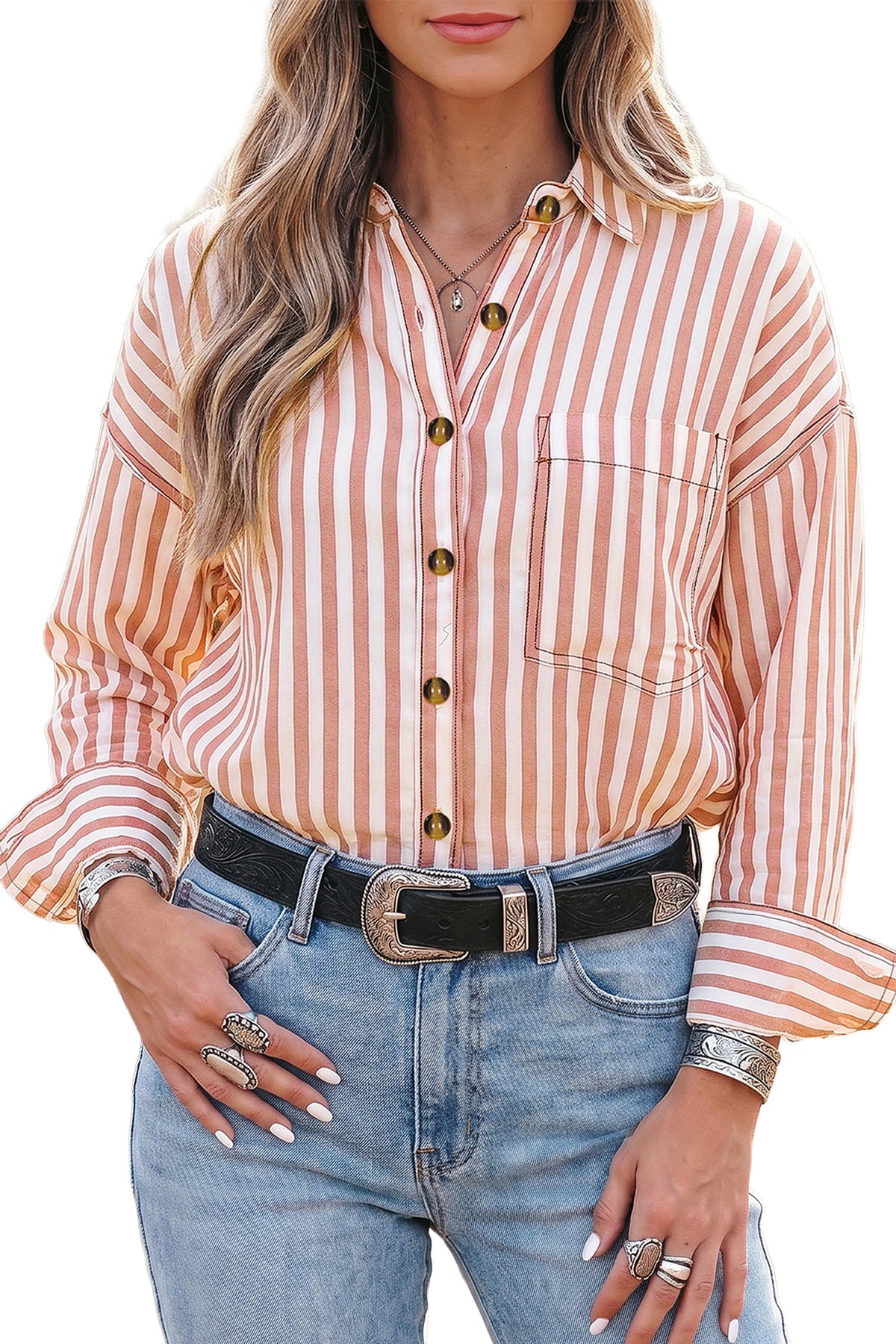 Brown Stripe Western Button Down Long Sleeve Casual Shirt-Tops/Blouses & Shirts-[Adult]-[Female]-2022 Online Blue Zone Planet