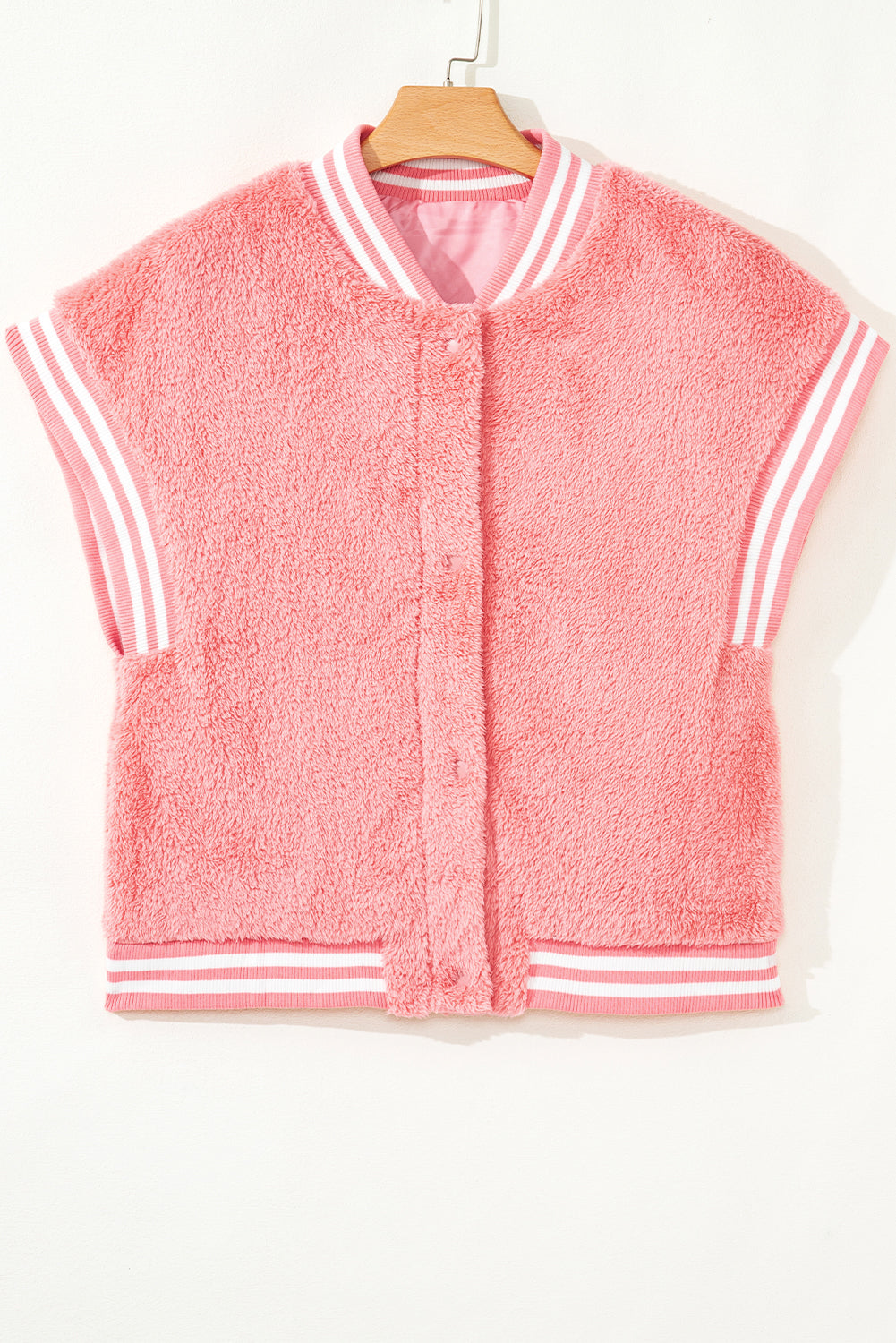 Gossamer Pink Varsity Striped Banding Patchwork Winter Plush Vest-TOPS / DRESSES-[Adult]-[Female]-2022 Online Blue Zone Planet