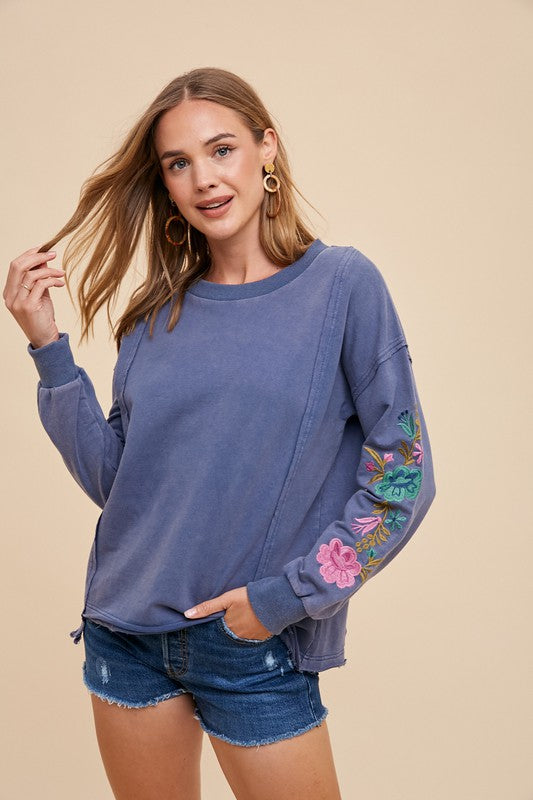 Annie Wear Embroidered Long Sleeve French Terry Top-TOPS / DRESSES-[Adult]-[Female]-Washed Midnight-S-2022 Online Blue Zone Planet