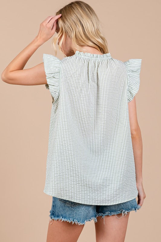 Ces Femme Plaid Notched Ruffled Cap Sleeve Blouse-TOPS / DRESSES-[Adult]-[Female]-2022 Online Blue Zone Planet