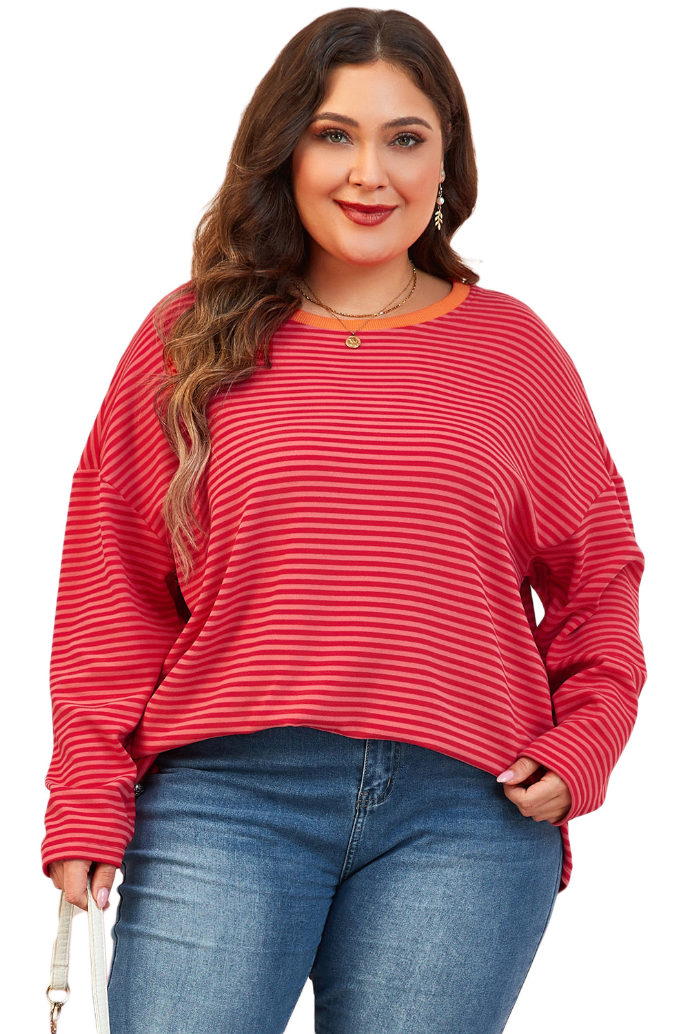 Orange Stripe Plus Size Drop Shoulder Long Sleeve Top-Plus Size Tops-[Adult]-[Female]-2022 Online Blue Zone Planet