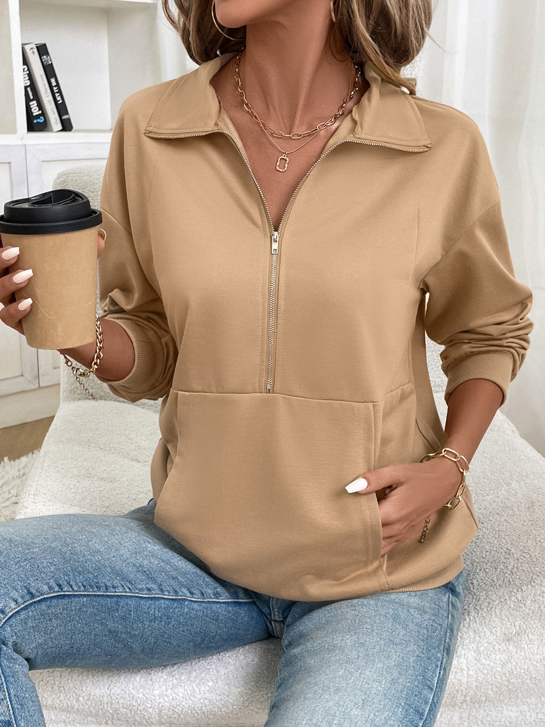 Half Zip Kangaroo Pocket Long Sleeve Sweatshirt-TOPS / DRESSES-[Adult]-[Female]-2022 Online Blue Zone Planet