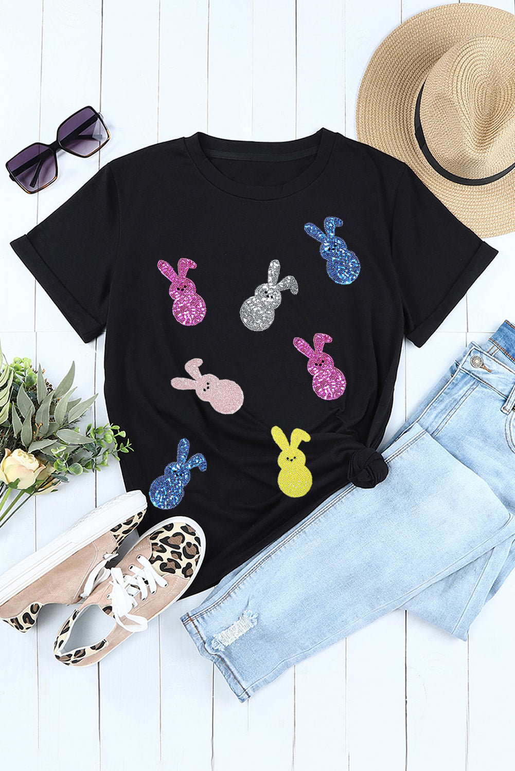 Black Sequin Bunny Doll Graphic Easter Day T Shirt-Graphic/Graphic Tees-[Adult]-[Female]-2022 Online Blue Zone Planet