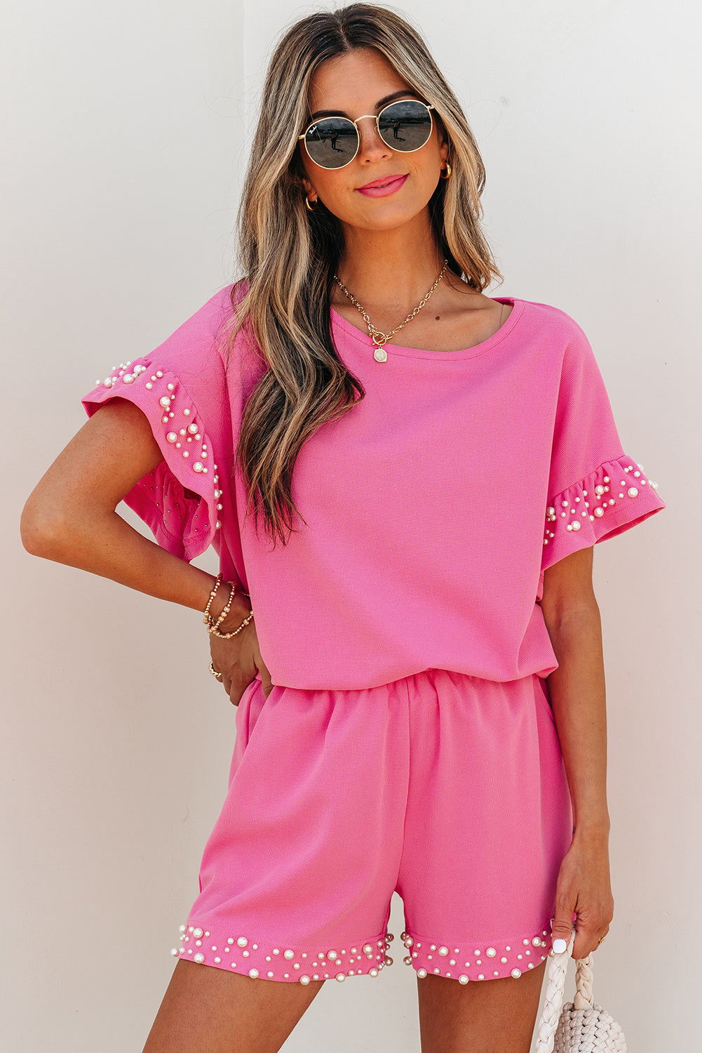 Bright Pink Textured Pearled Ruffle Sleeve Top 2 Piece Shorts Set-Two Piece Sets/Short Sets-[Adult]-[Female]-2022 Online Blue Zone Planet