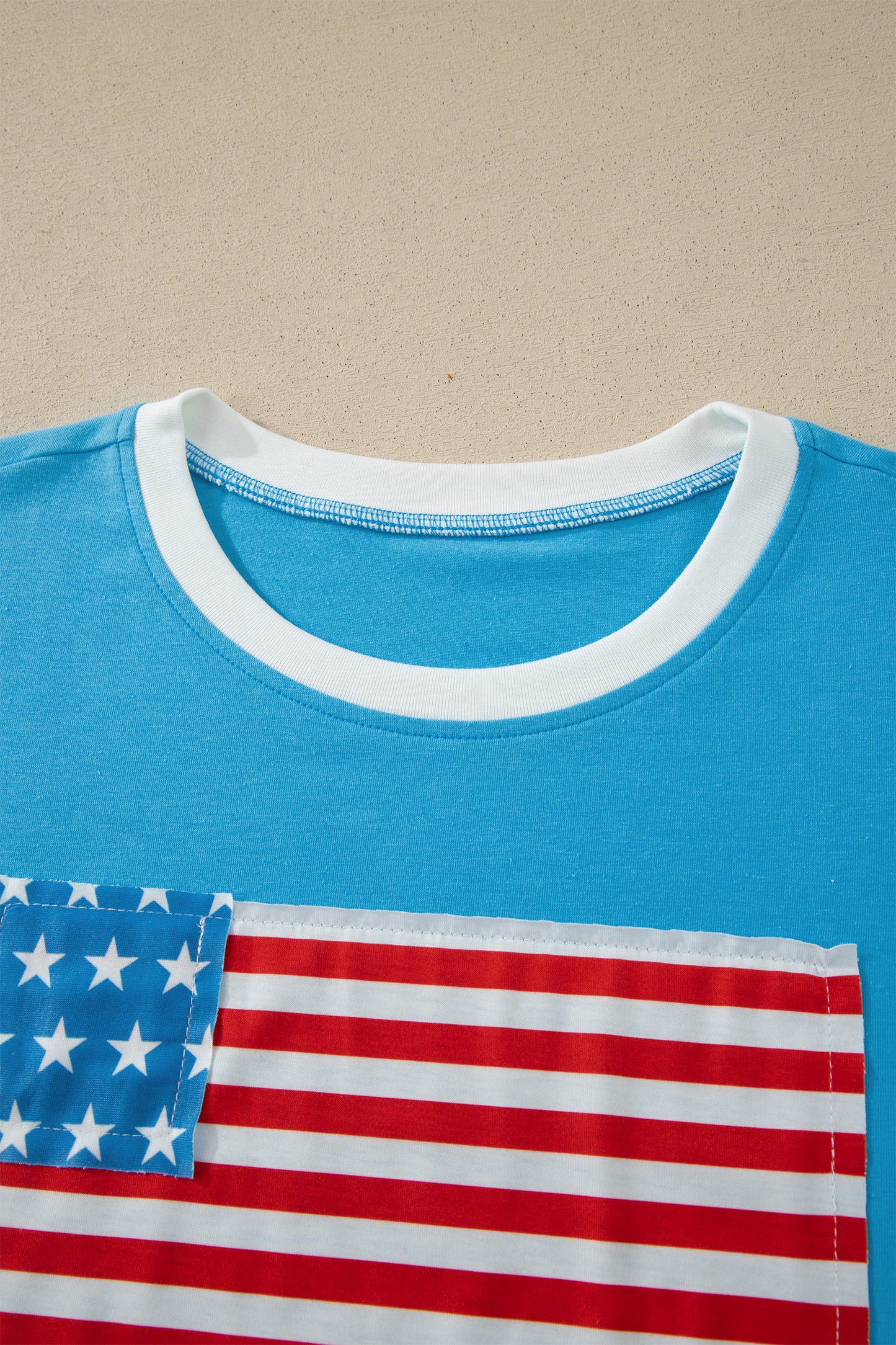 Light Blue Flag Print Patchwork Colorblock July 4th T Shirt-Tops/Tops & Tees-[Adult]-[Female]-2022 Online Blue Zone Planet