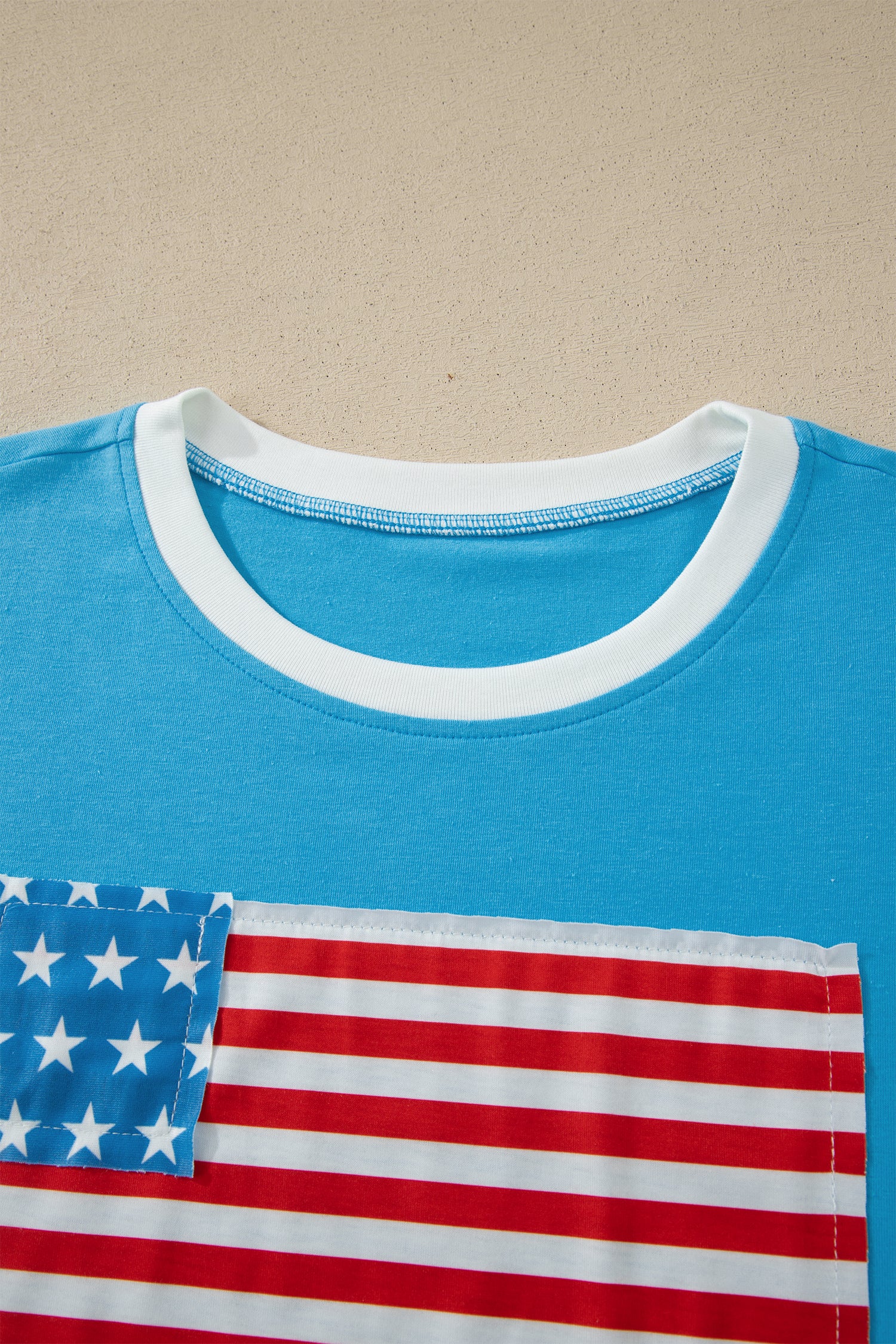Light Blue Flag Print Patchwork Colorblock July 4th T Shirt-Tops/Tops & Tees-[Adult]-[Female]-2022 Online Blue Zone Planet