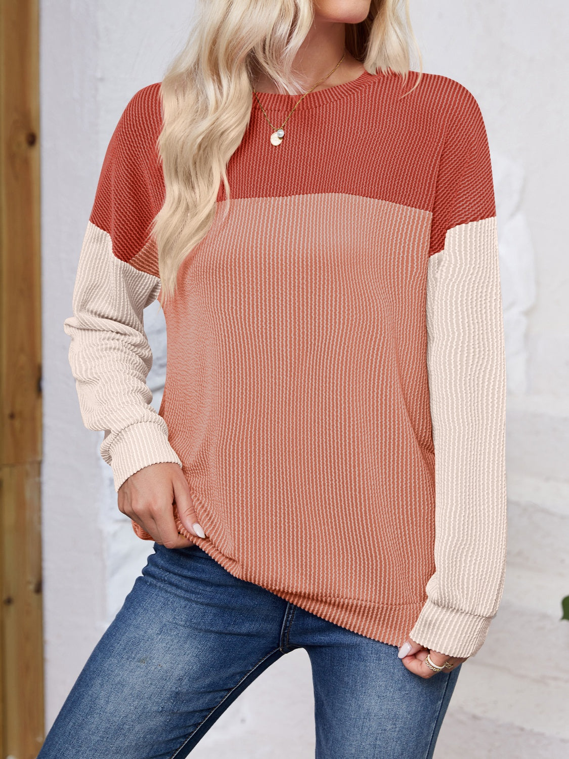 Blue Zone Planet | Lovelet Color Block Round Neck Long Sleeve Sweatshirt-TOPS / DRESSES-[Adult]-[Female]-Rust-S-2022 Online Blue Zone Planet