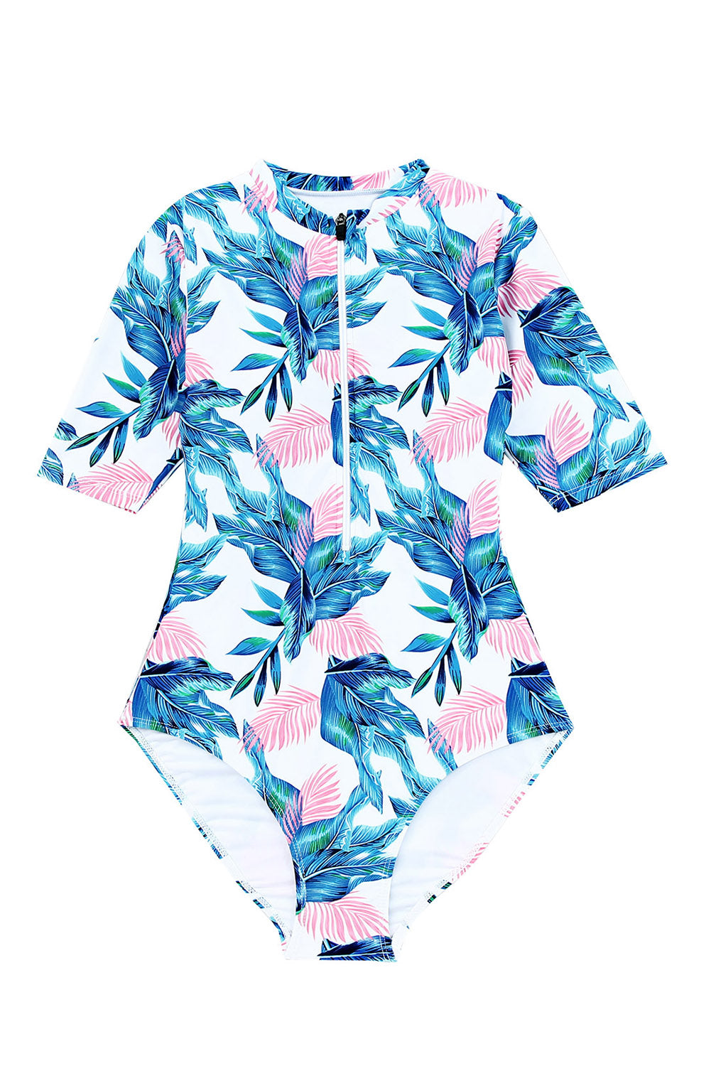 Blue Plant Print Zip Front Half Sleeve One Piece Swimsuit-One-Piece-[Adult]-[Female]-2022 Online Blue Zone Planet